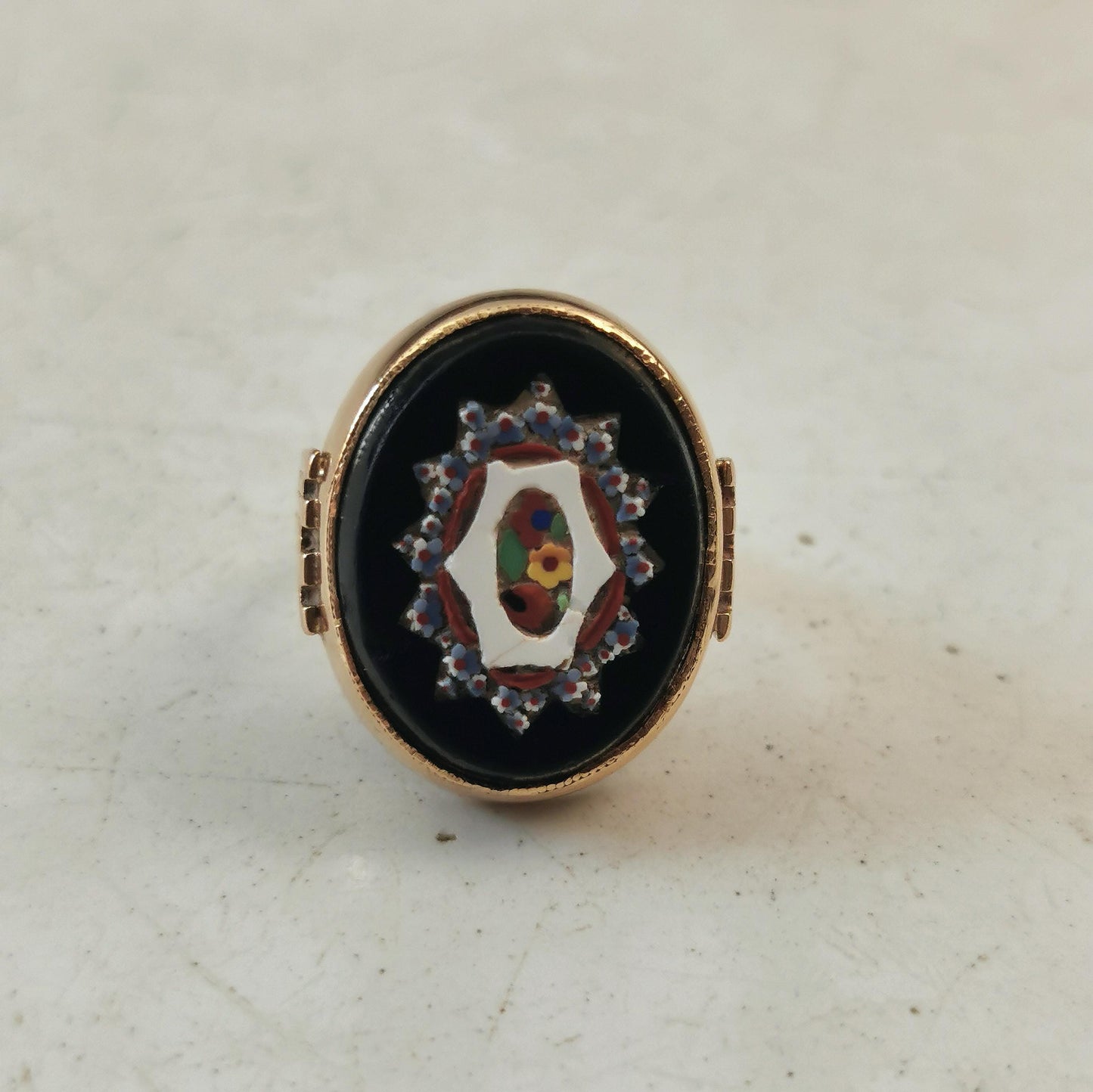Antique Yellow Gold Micro Mosaic Flower Mosaic Statement Ring