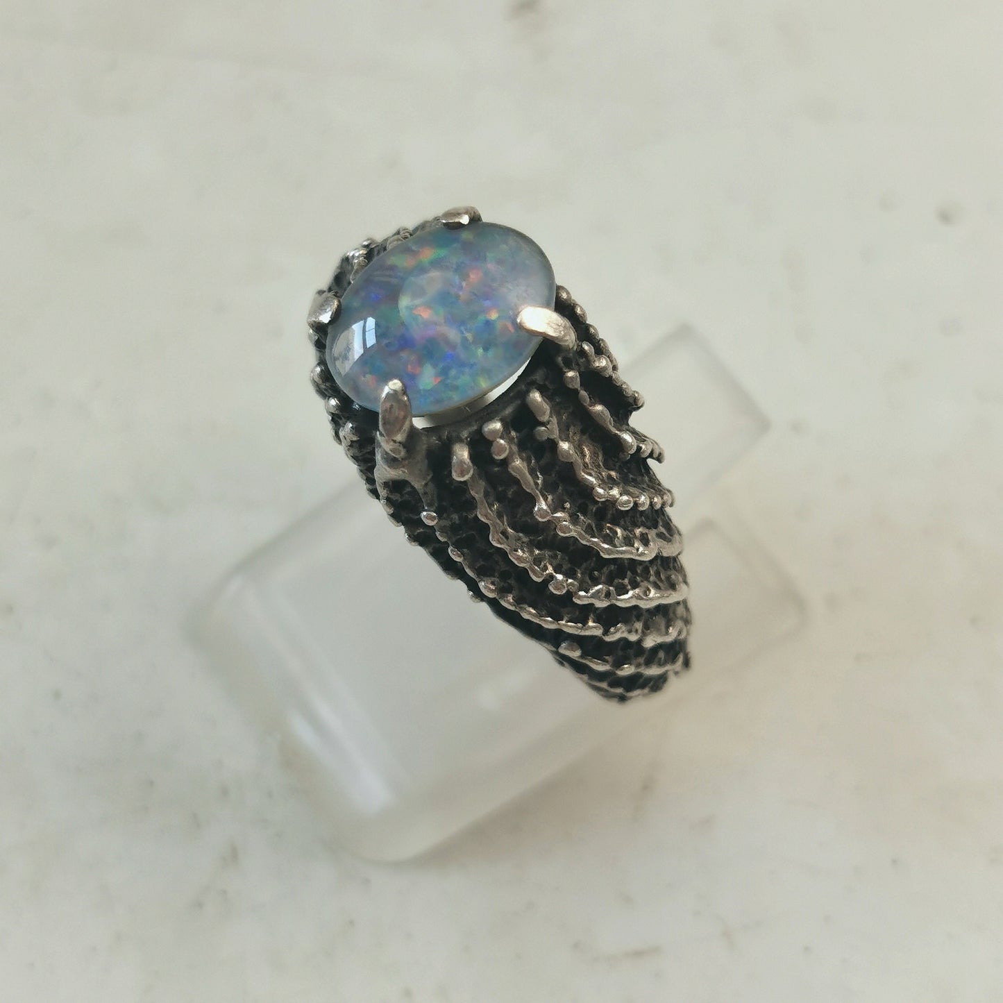 Vintage Mid-century Brutalist Opal Triplet Ring in Sterling Silver