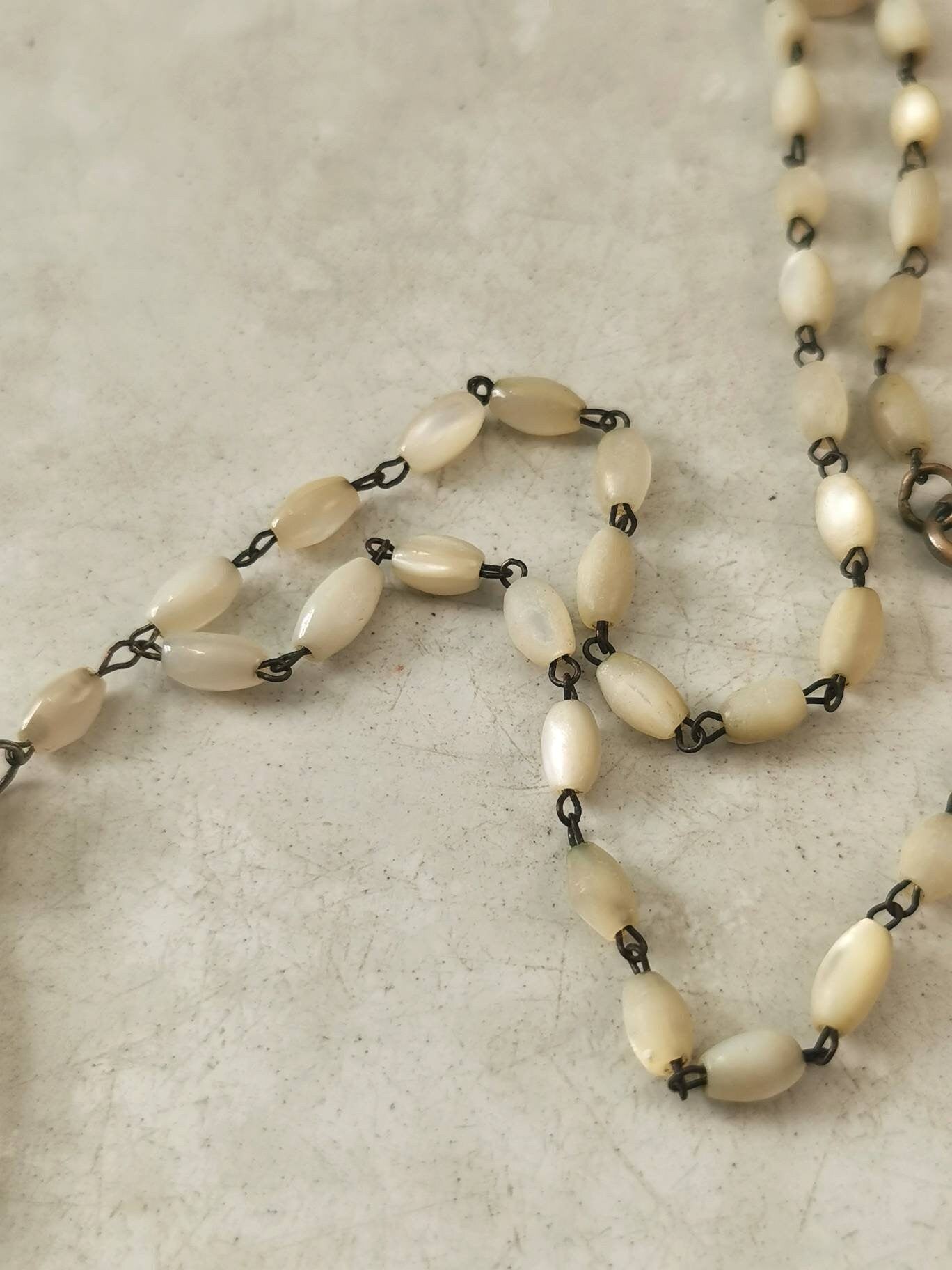Art Deco Carved Mother of Pearl Pendant Necklace on Beaded Chain