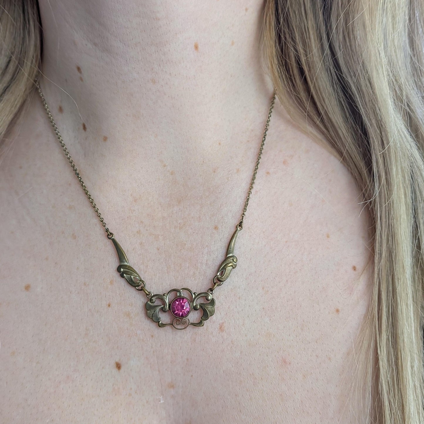 Antique Art Nouveau Brass & Pink Gem Necklace