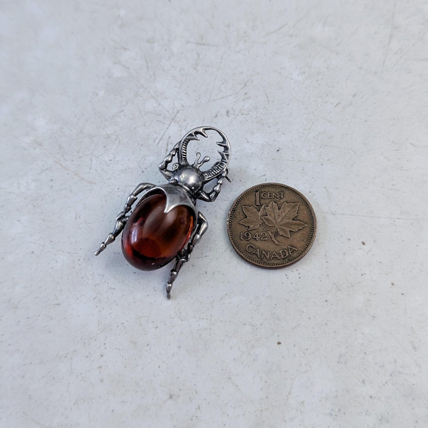 Vintage Sterling Silver and Amber Beetle Brooch