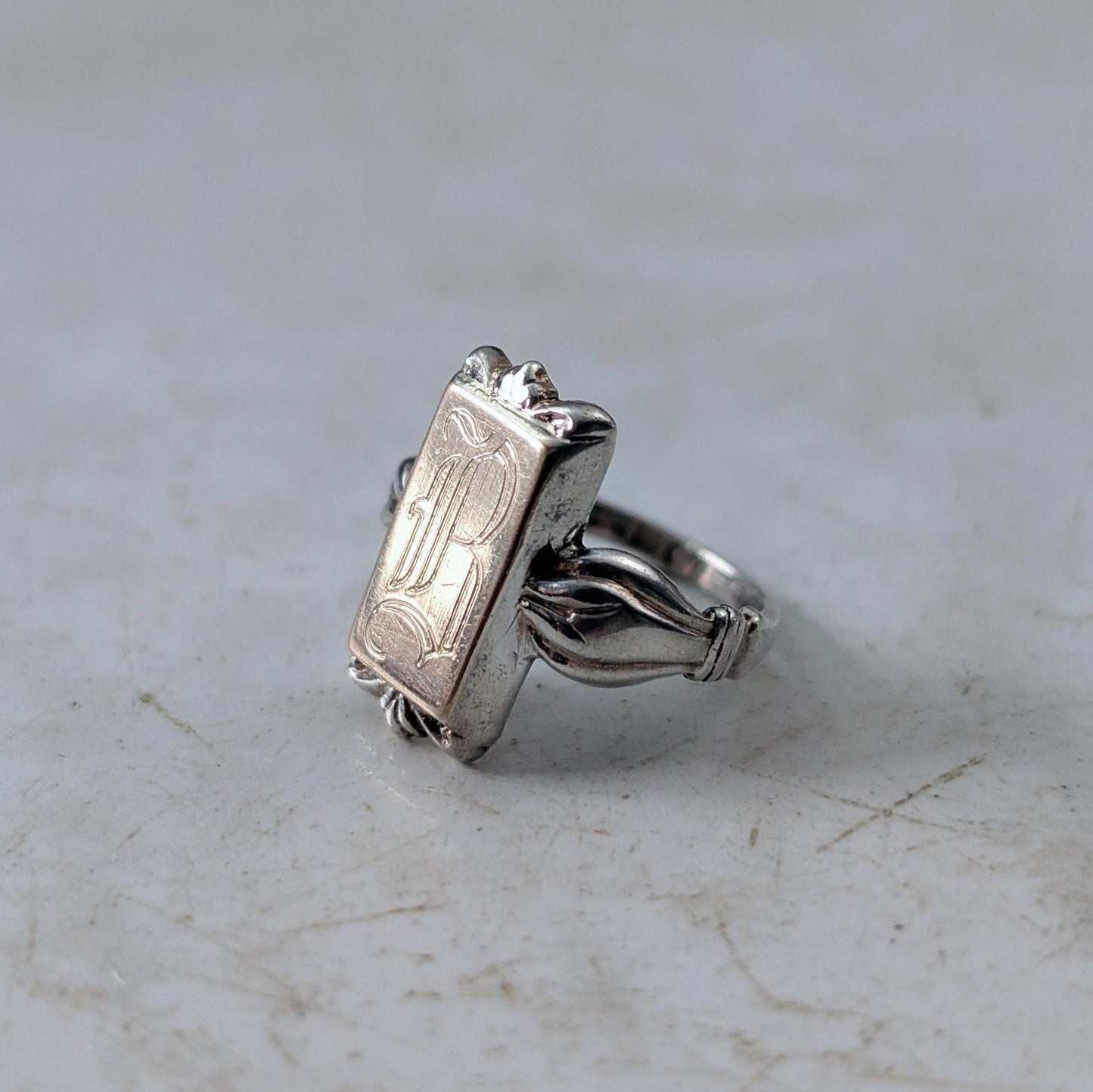 Art Deco Sterling Silver & 10K Yellow Gold Initial B Pinky Signet Ring