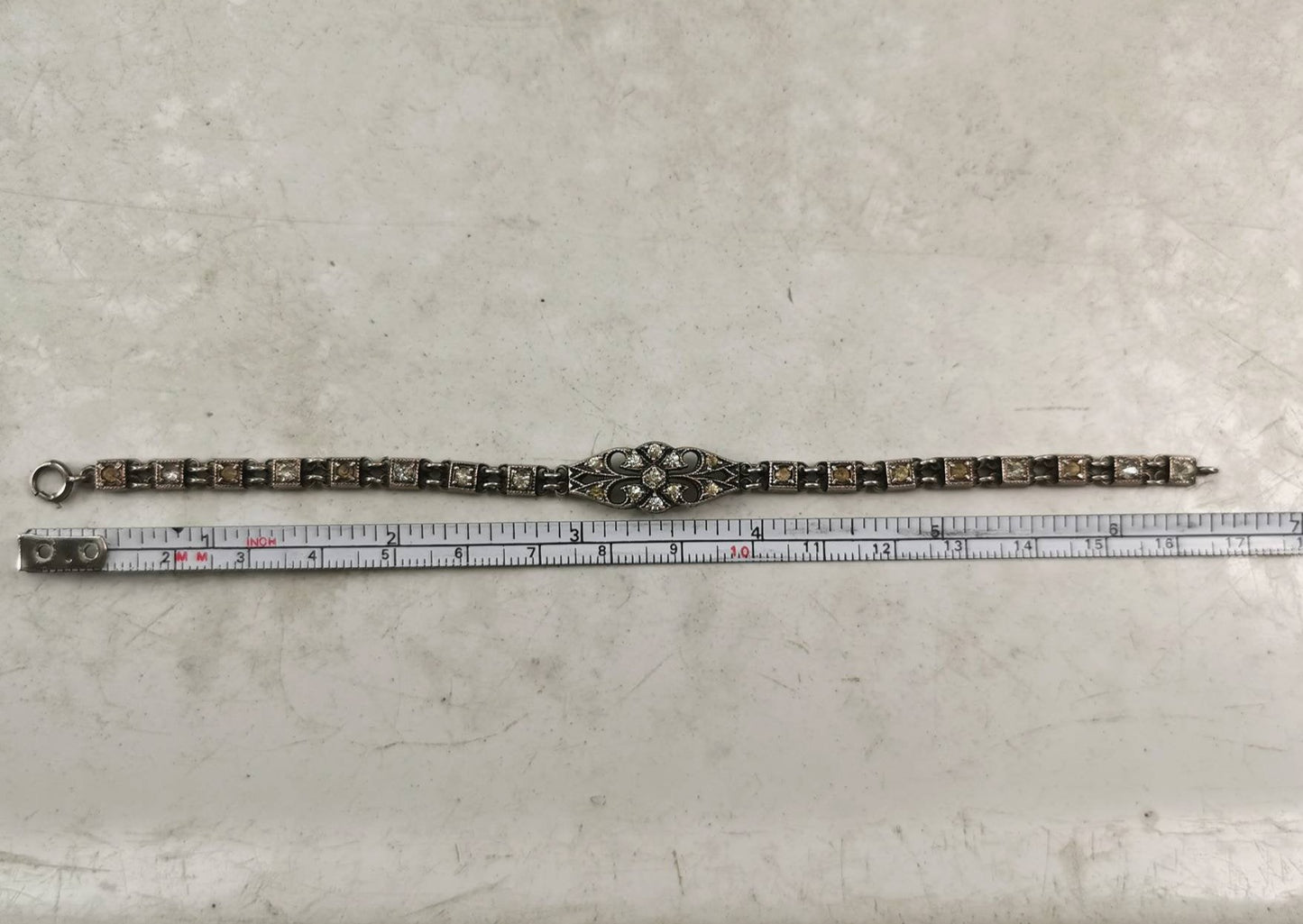 Antique Art Deco Sterling Silver & Paste Rhinestone Filigree Line Bracelet