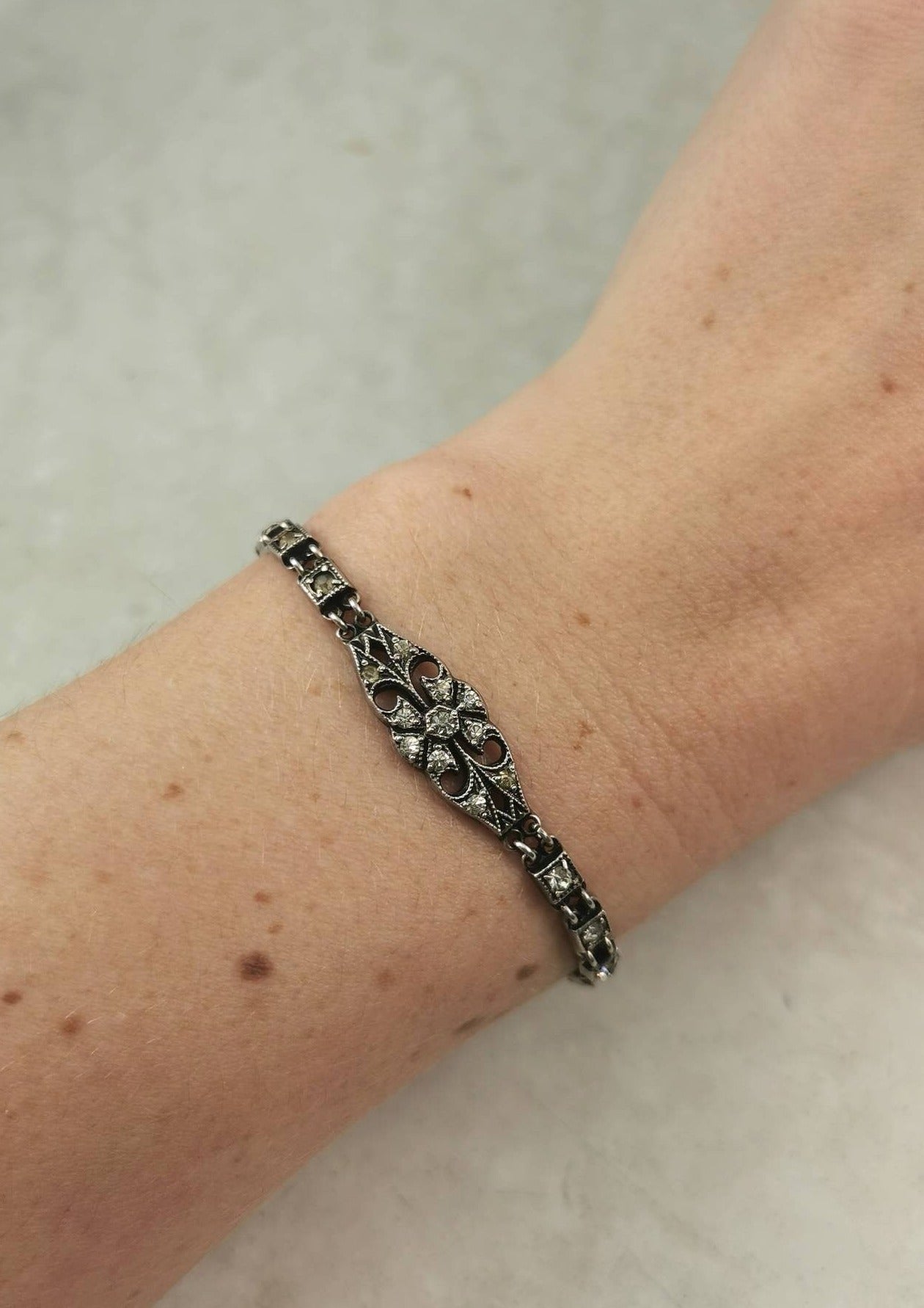 Antique Art Deco Sterling Silver & Paste Rhinestone Filigree Line Bracelet