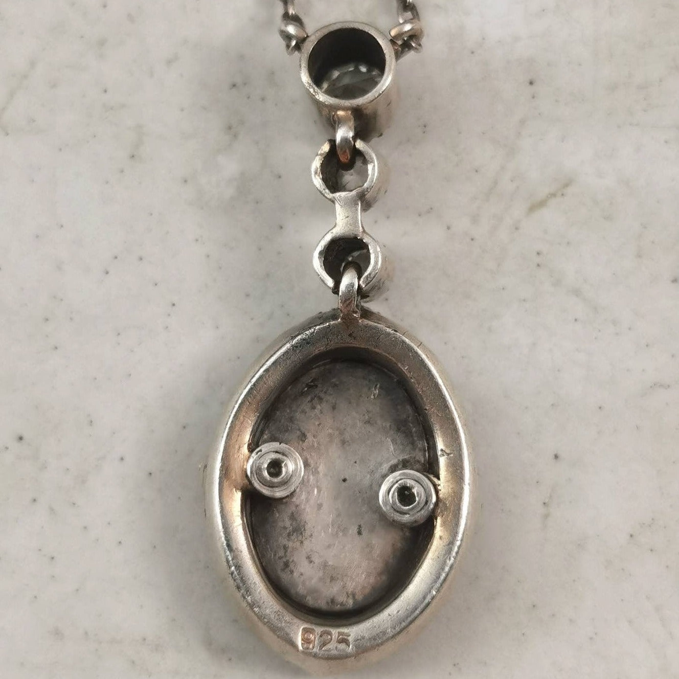 Vintage Sterling Silver Guilloché Enamel & Rhinestone Lavalier