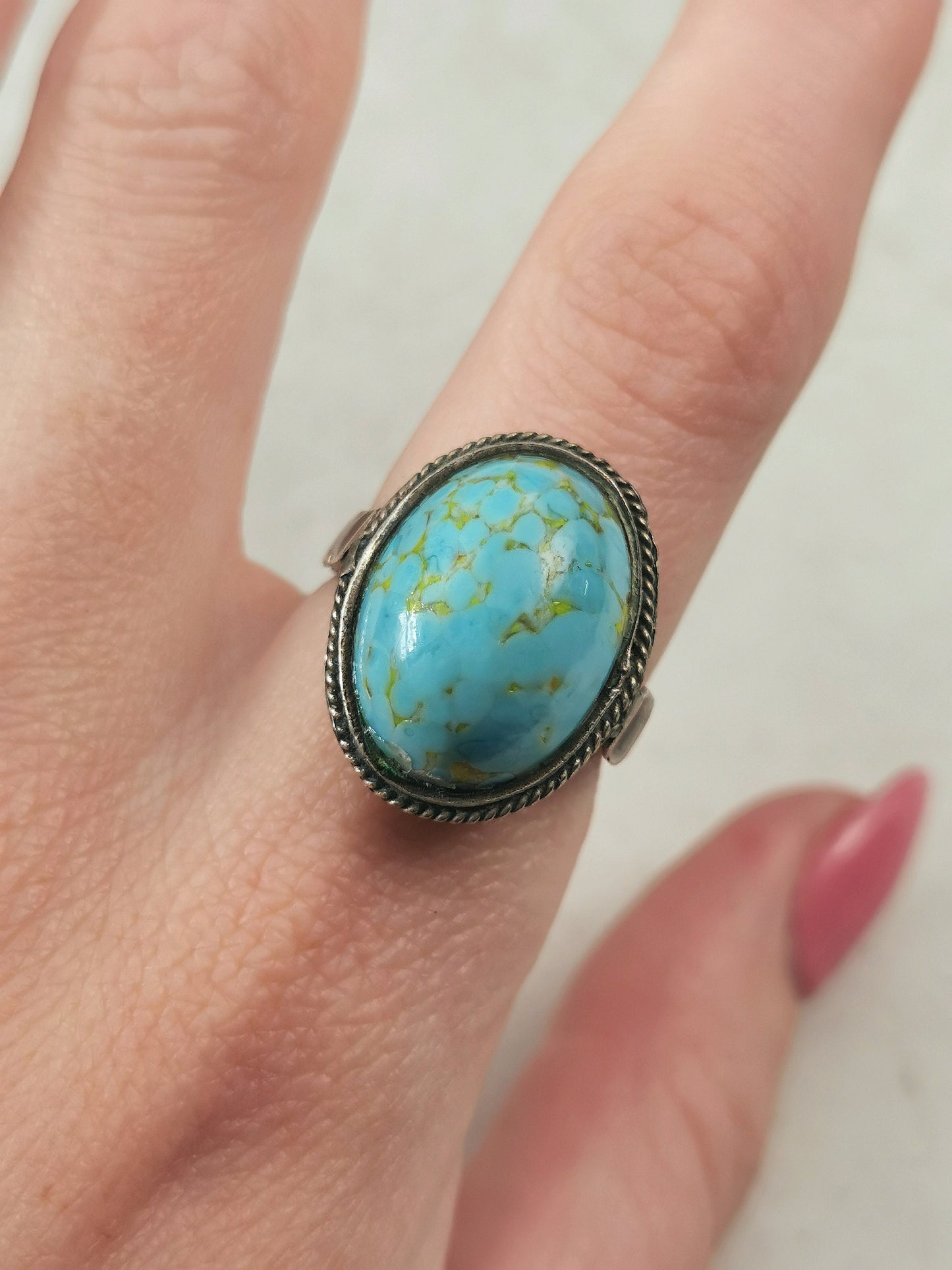 Vintage Silver and Imitation Turquoise Hubbell Glass Ring