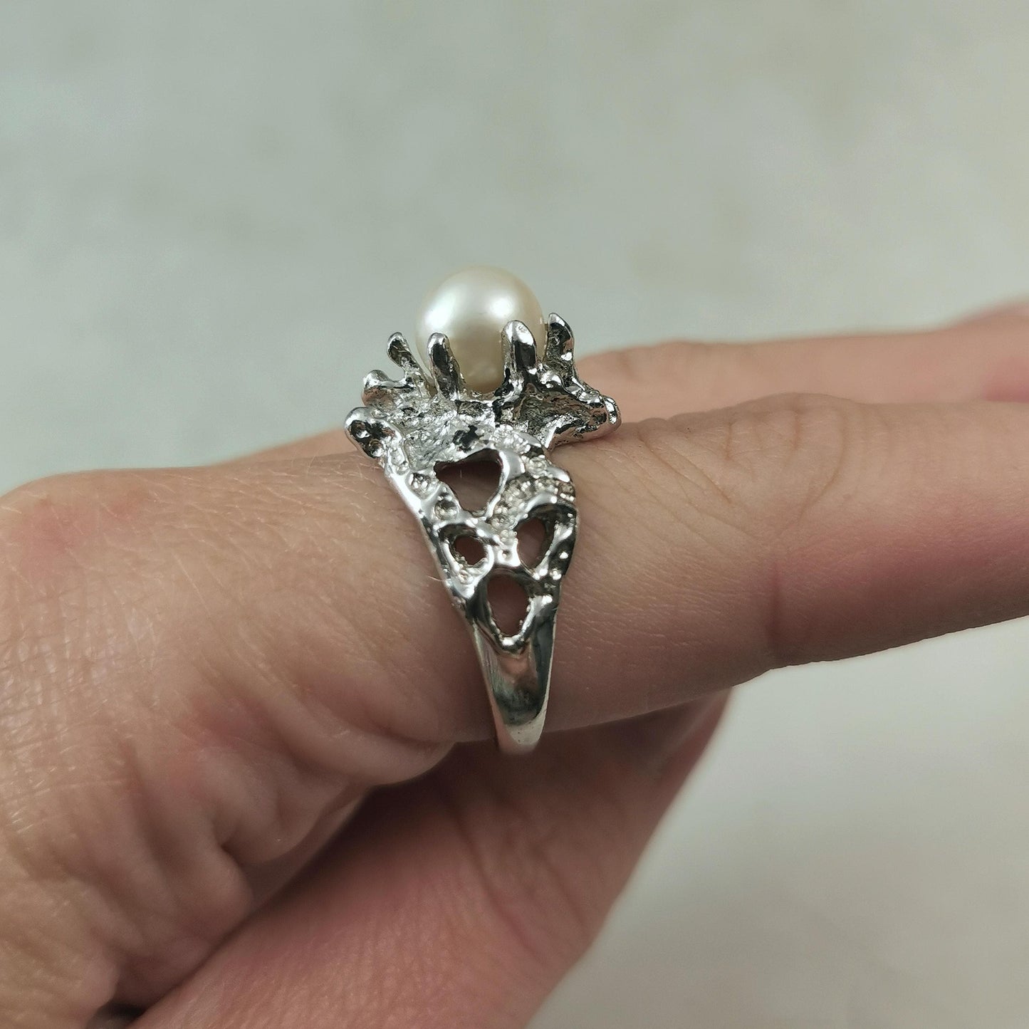 Vintage Mid-century Brutalist Sterling Silver Cultured Pearl Ring