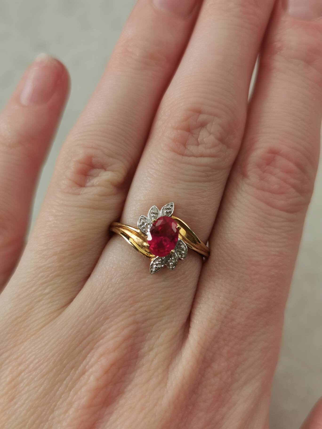 Estate 10k Yellow Gold Lab Ruby and Diamond Ring and Pendant Set