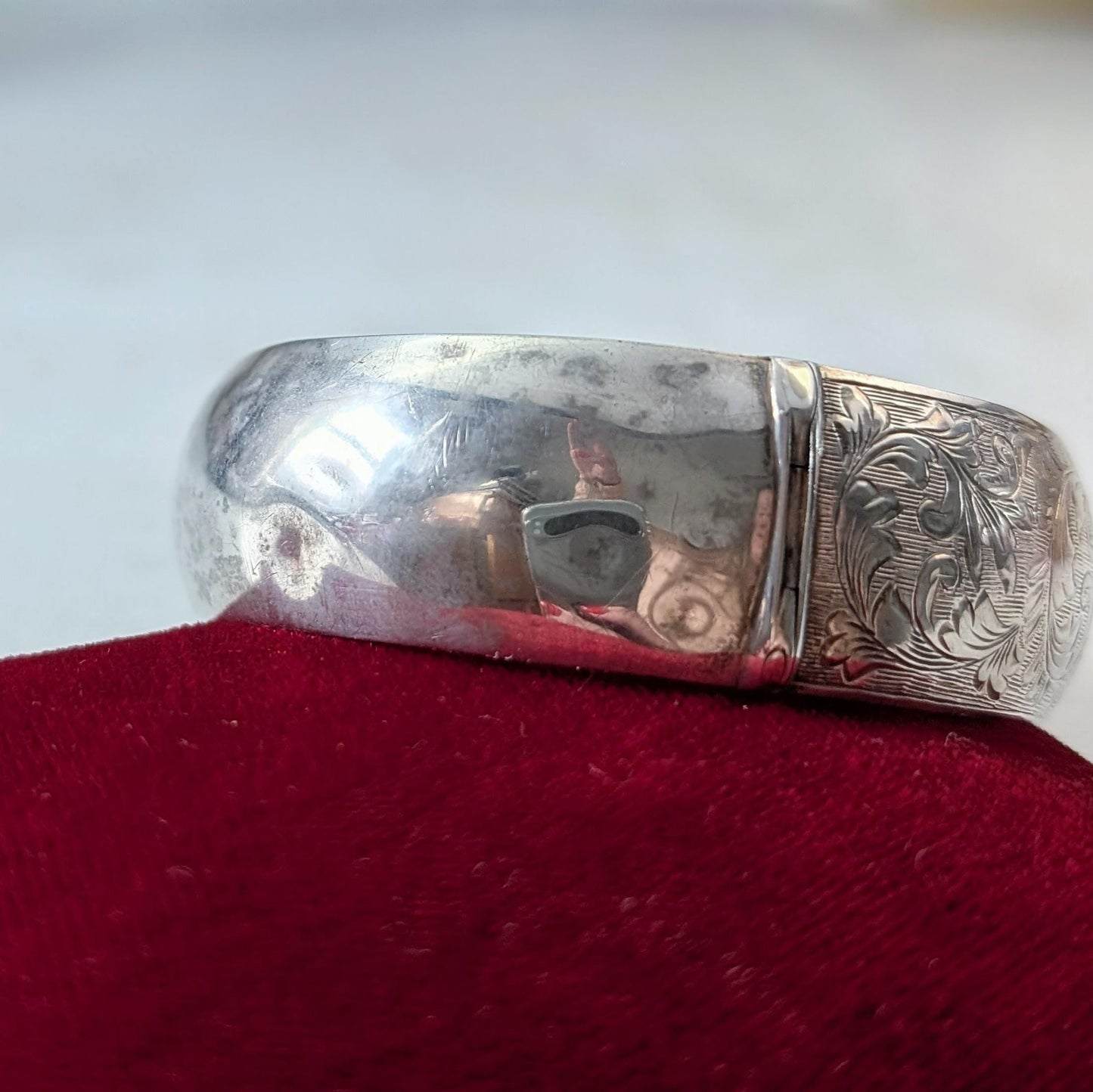 Vintage Sterling Silver Chased Cuff Bracelet with Marquise Cut Lab Ruby