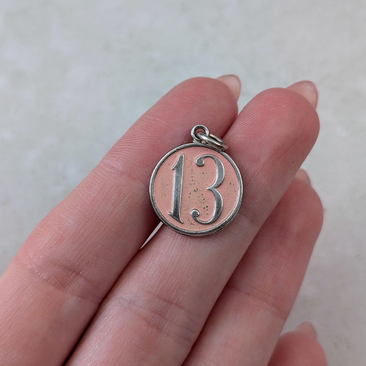Vintage 1940's Sterling Silver & Pink Enamel Lucky Number 13 Charm