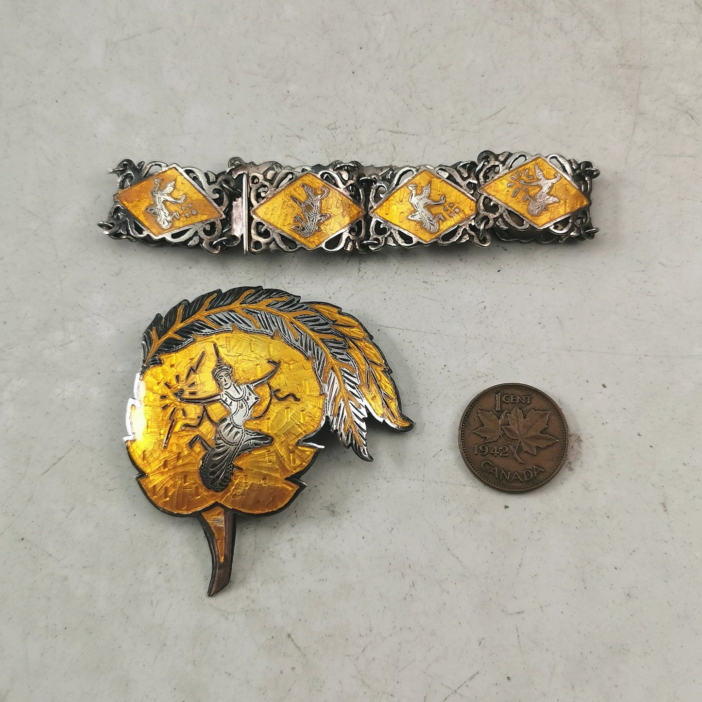 Vintage Siam Sterling Silver and Yellow Enamel Set - Fancy Link Bracelet & Brooch Pendant