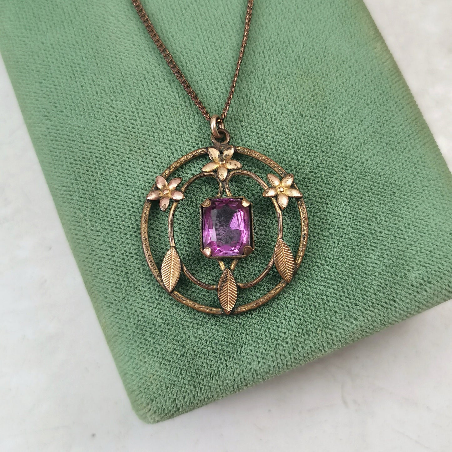 Antique Edwardian Gold Fill on Brass Necklace - Paste Amethyst Lavaliere Necklace - 17.5"