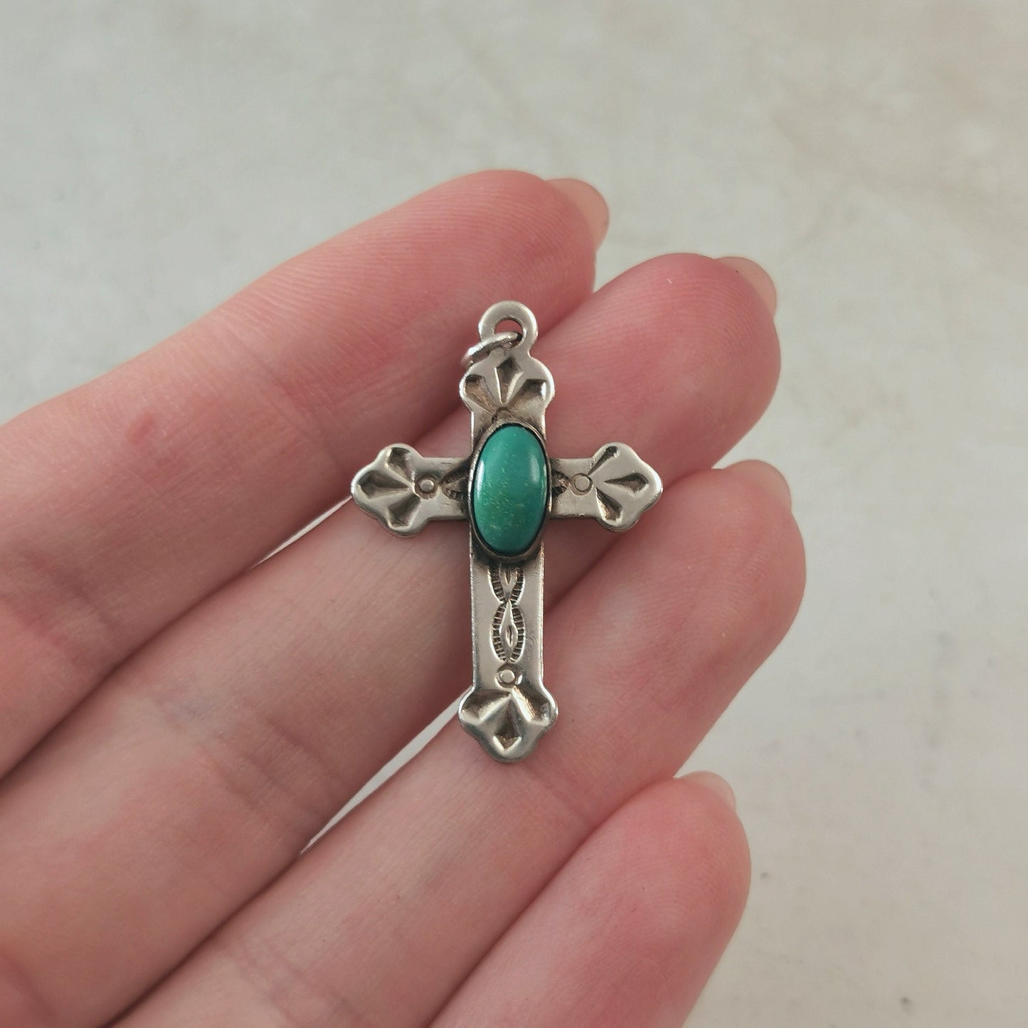 Vintage Navajo Patterned Silver and Turquoise Medium Cross Pendant