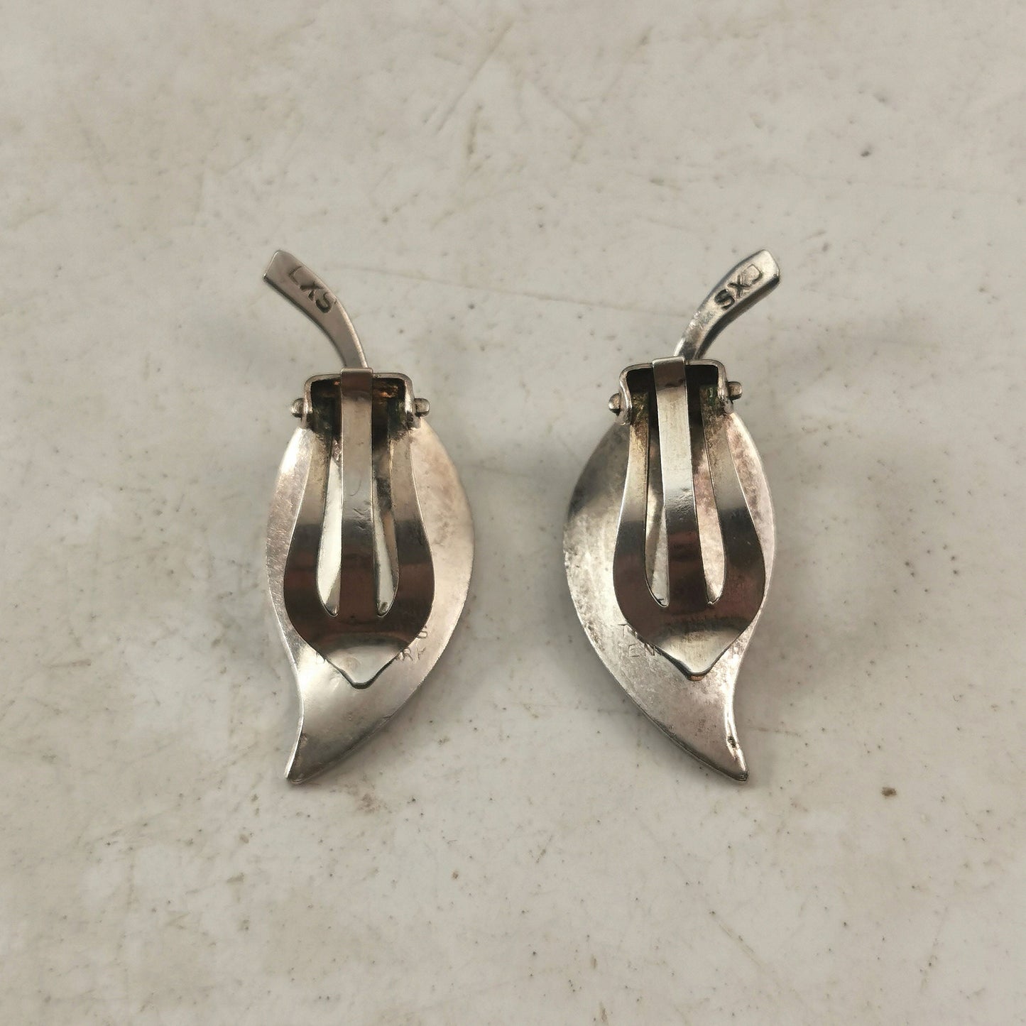 Vintage Meka Denmark Sterling Silver Green Enamel Leaf Ear Clips