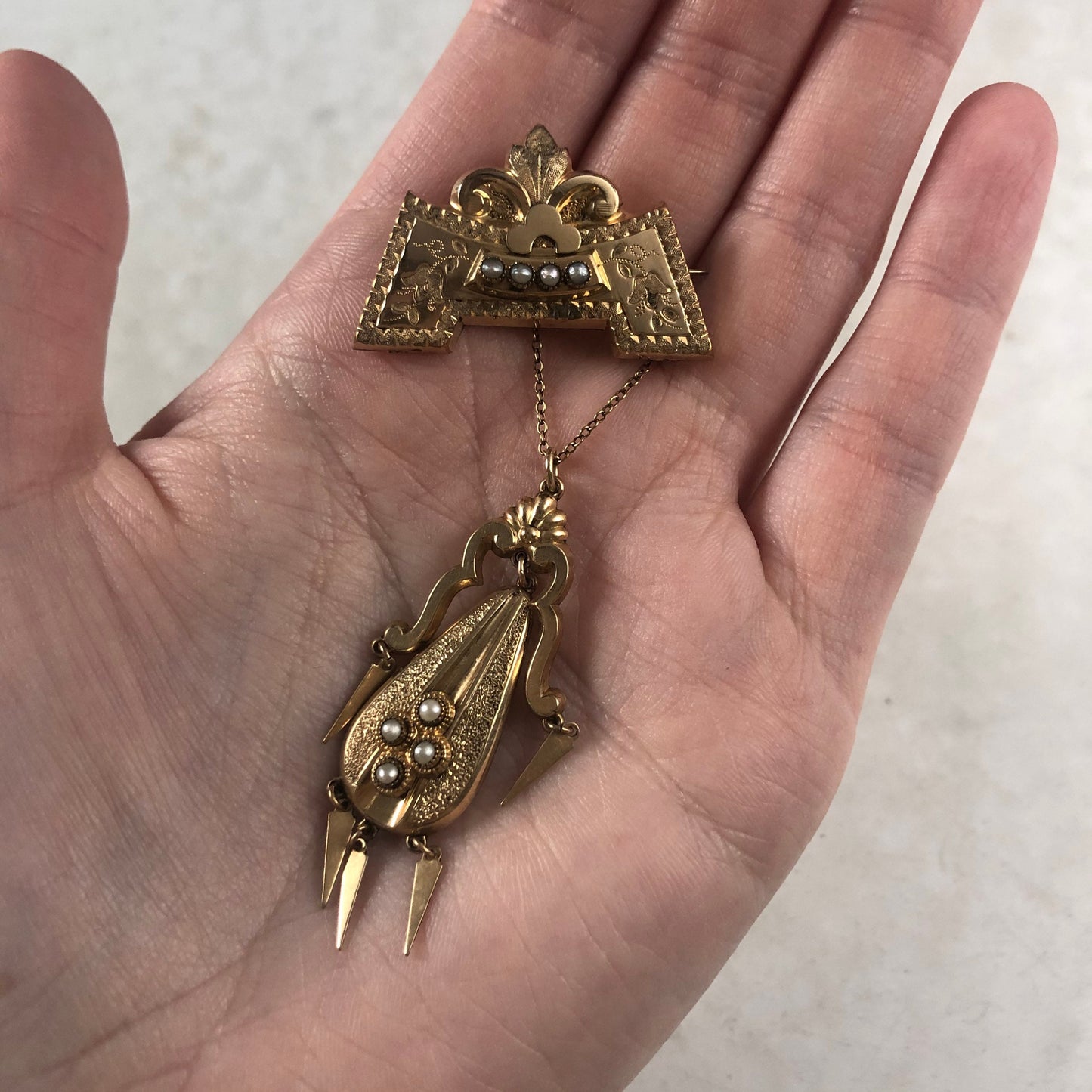 Victorian Gold Filled Seed Pearl Necklace and Brooch Set