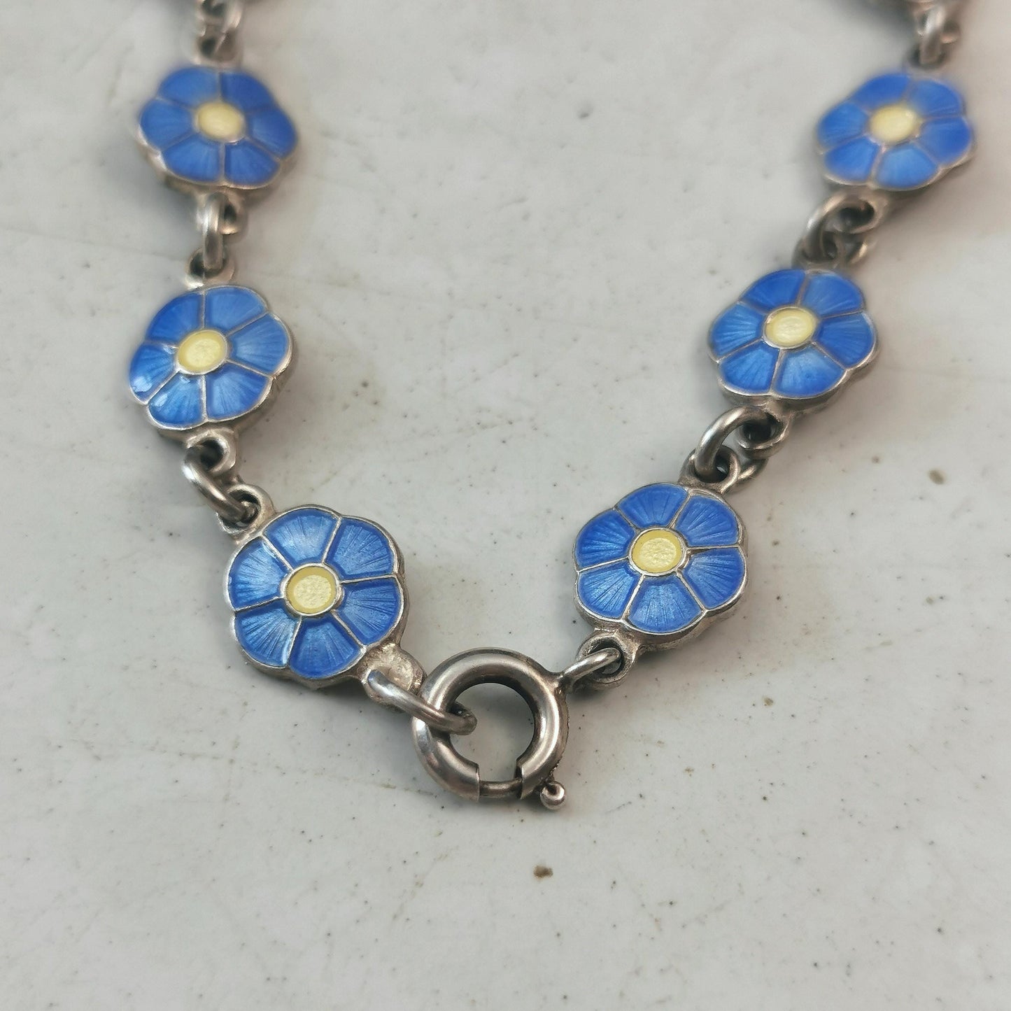 Vintage Volmer Bahner Sterling Silver and Enamel Flower Bracelet - Forget-me-not Blue Enamel Flowers- Adult Bracelet 7.5"