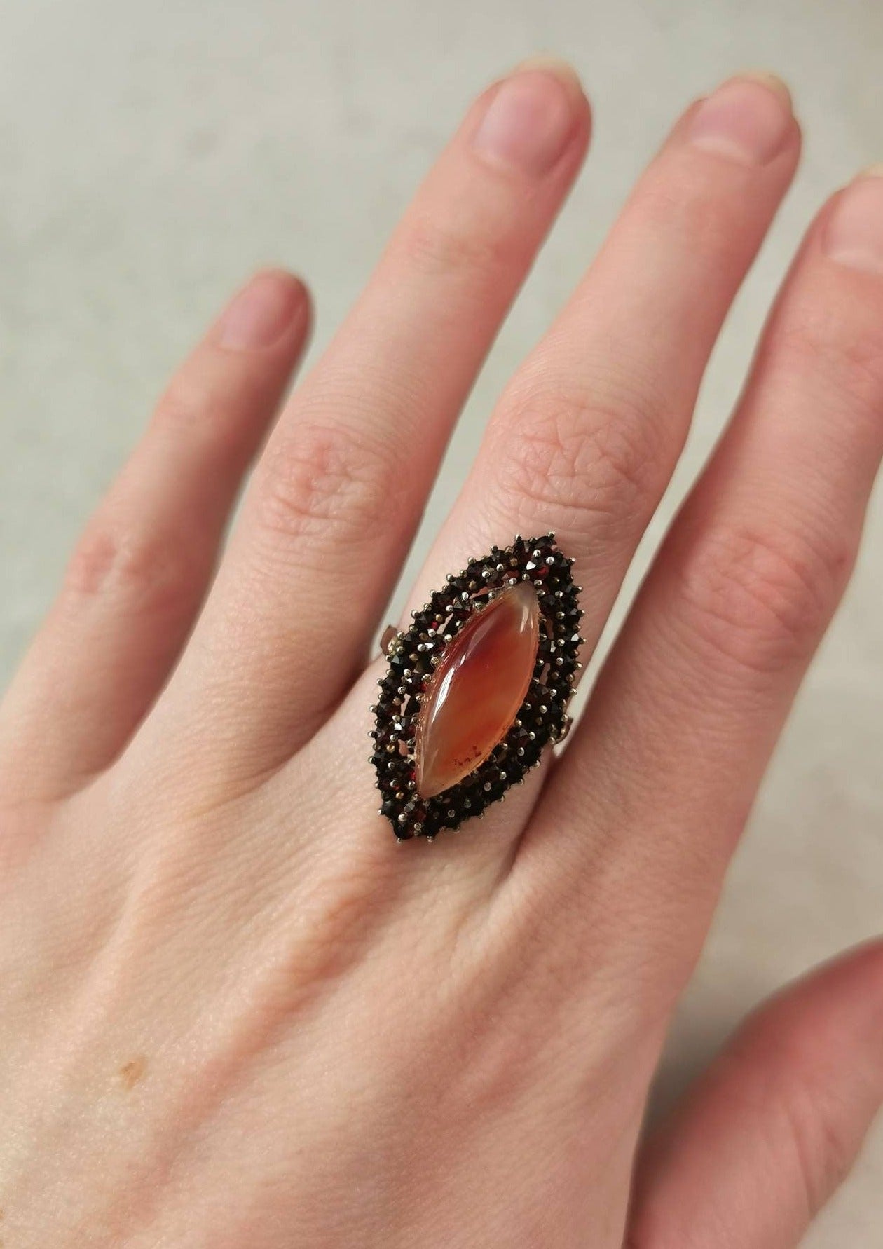 Bohemian 900 Silver Rose Cut Garnet Navette Ring
