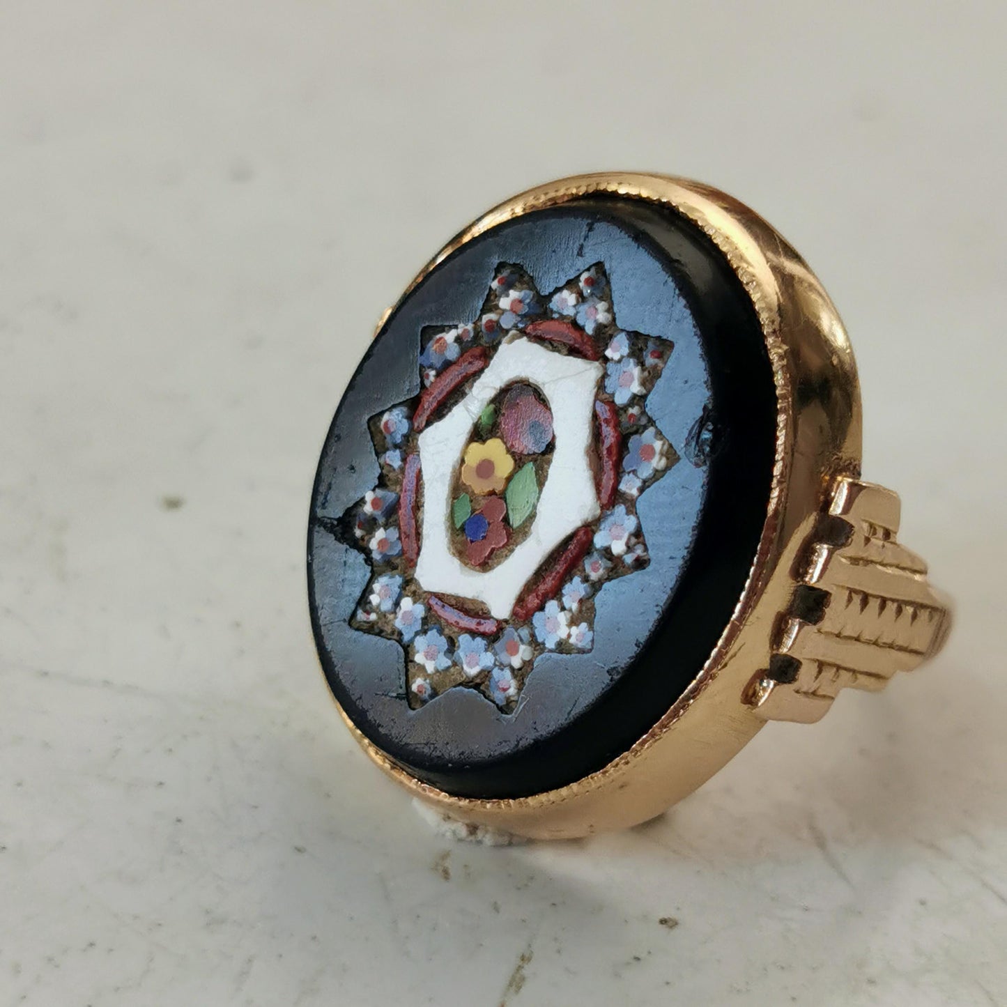 Antique Yellow Gold Micro Mosaic Flower Mosaic Statement Ring