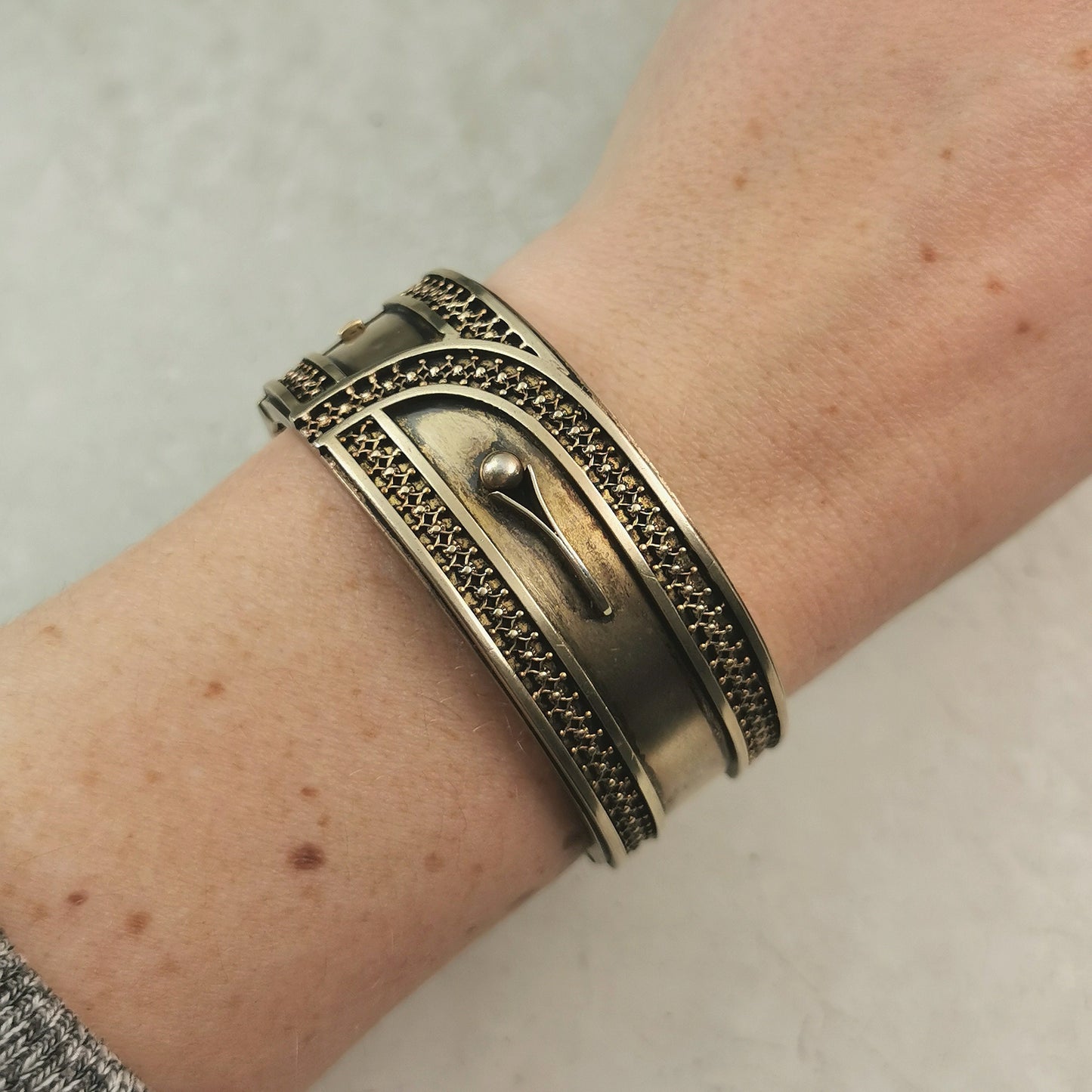 Antique Victorian Gold Filled Estrucan Revival Buckle Cuff Bracelet
