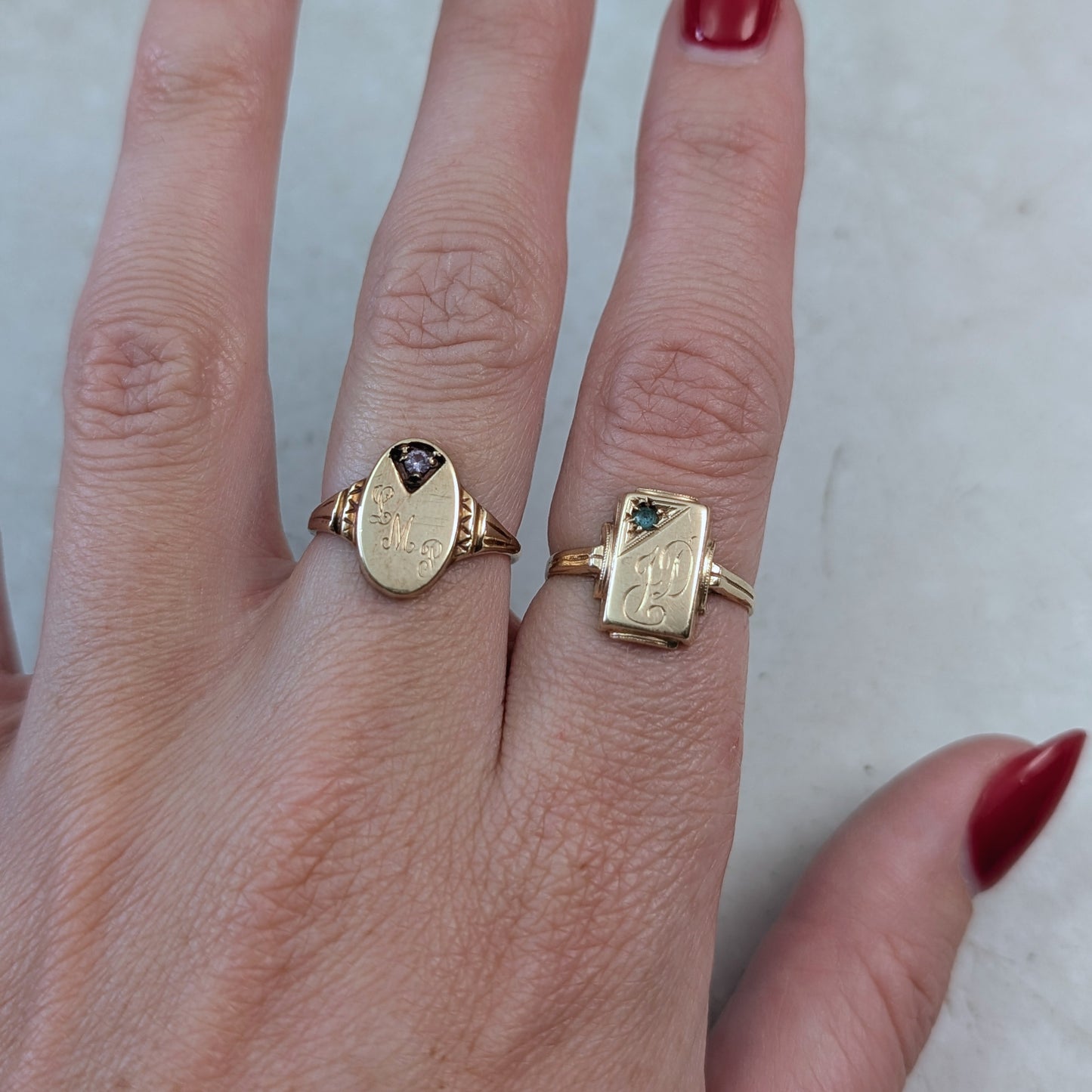 Vintage 10k gold Initia Signet Rings with Accent Gems