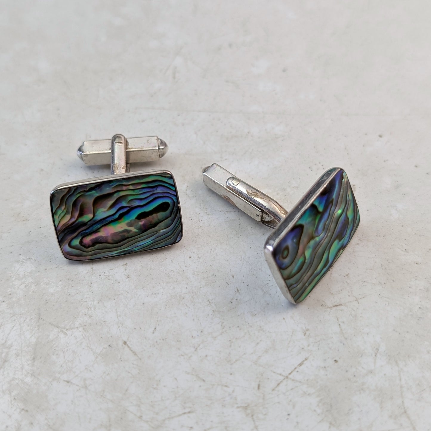 Vintage New Zealand Sterling Silver Abalone Shell Cuff Links