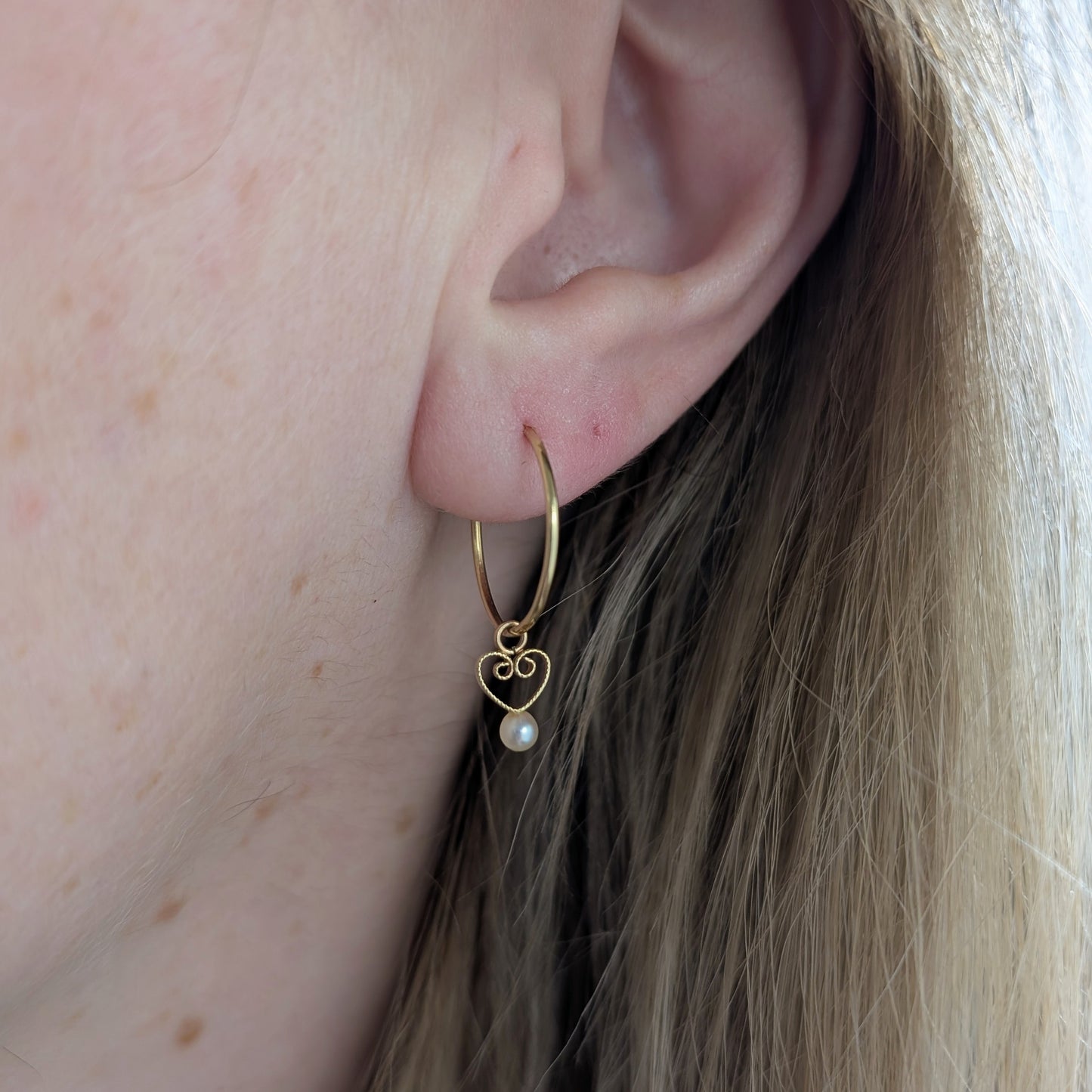 Vintage 14k Yellow Gold Sleeper Hoops with Filigree Pearl Charm