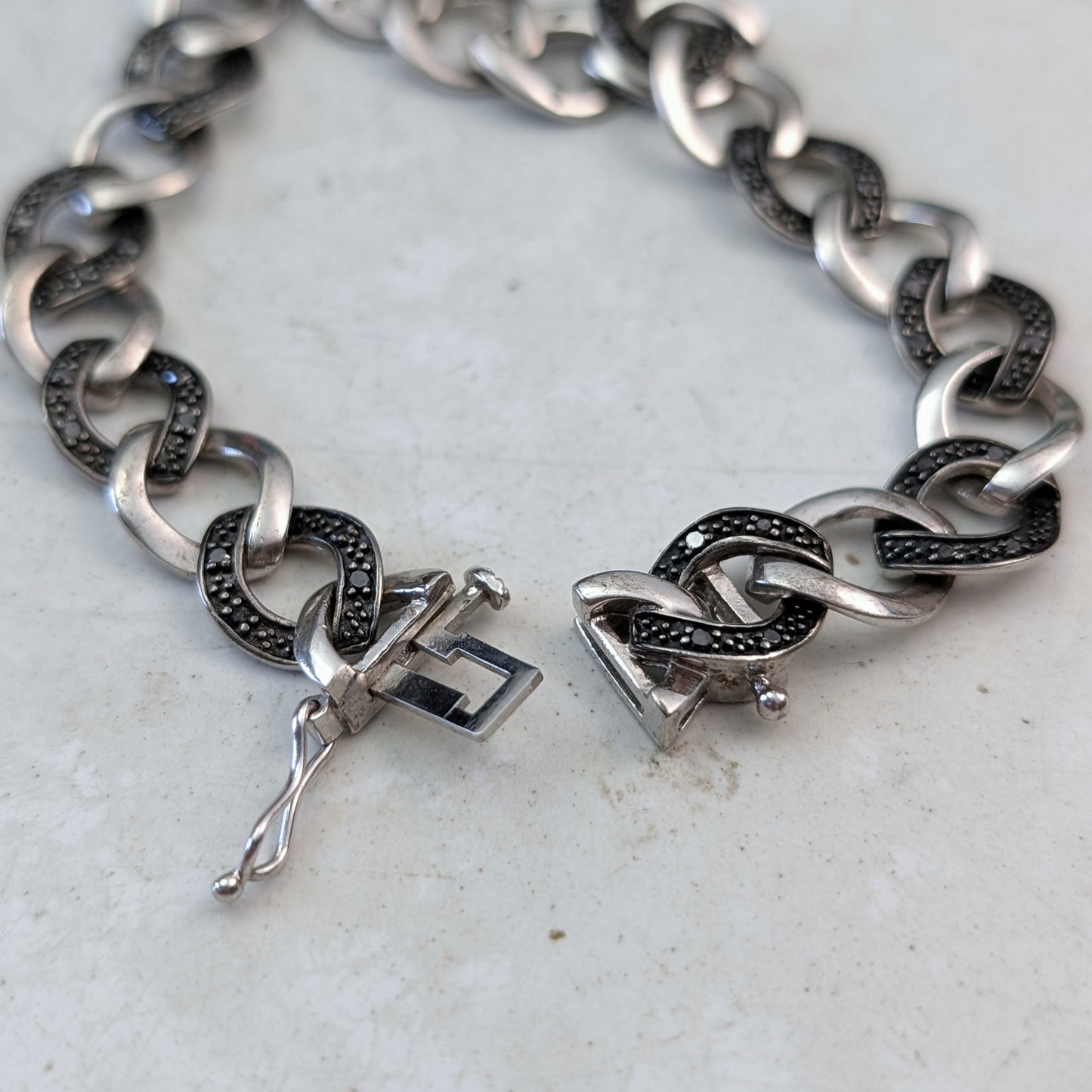 Estate Sterling Silver and Black Diamond Curb Link Bracelet