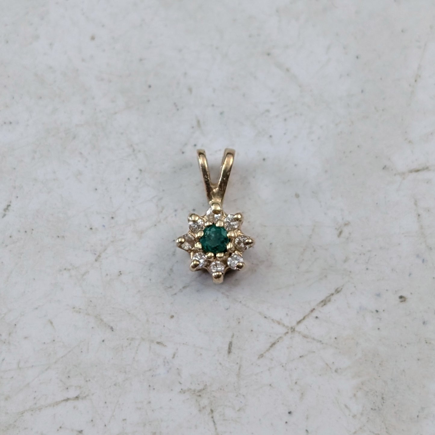 14k Yellow Gold Emerald and Diamond Cluster Flower Pendant