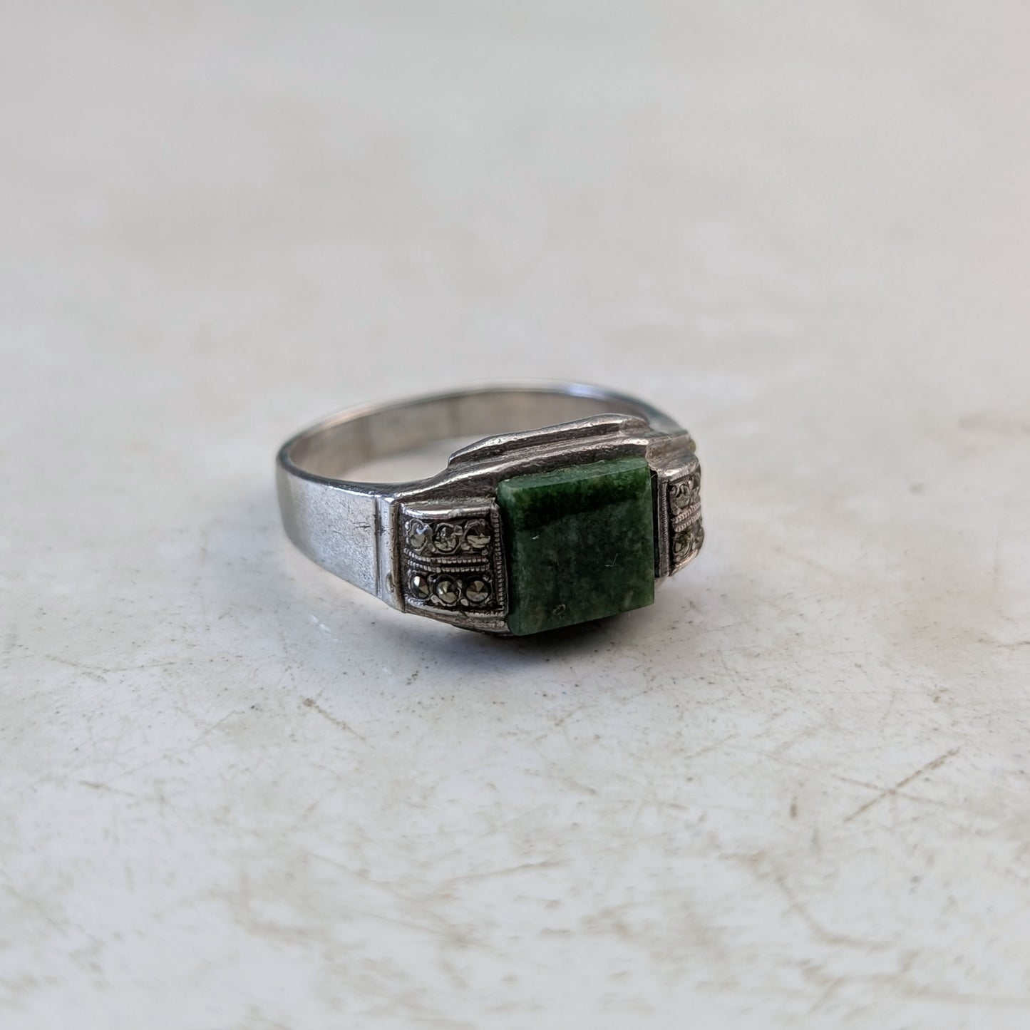 Art Deco Sterling Silver Jade and Marcasite Ring