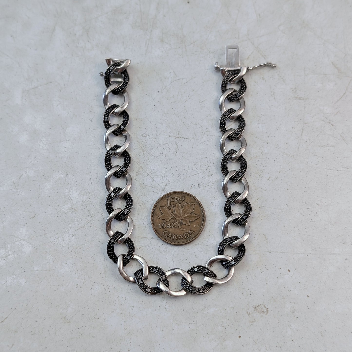 Estate Sterling Silver and Black Diamond Curb Link Bracelet