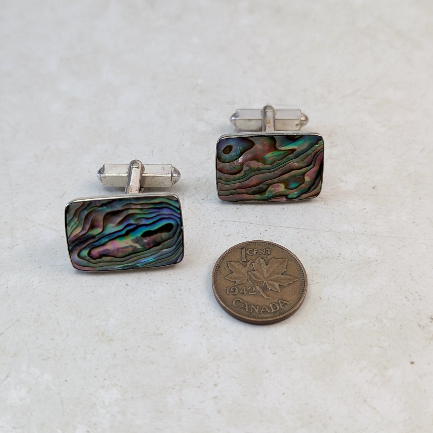 Vintage New Zealand Sterling Silver Abalone Shell Cuff Links