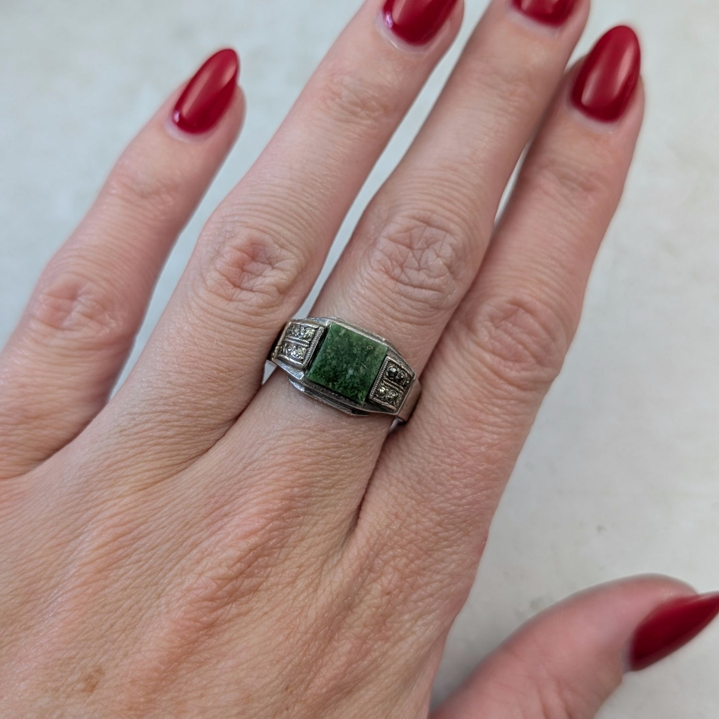 Art Deco Sterling Silver Jade and Marcasite Ring