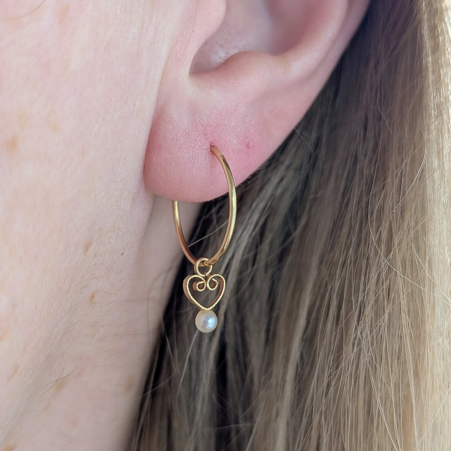 Vintage 14k Yellow Gold Sleeper Hoops with Filigree Pearl Charm