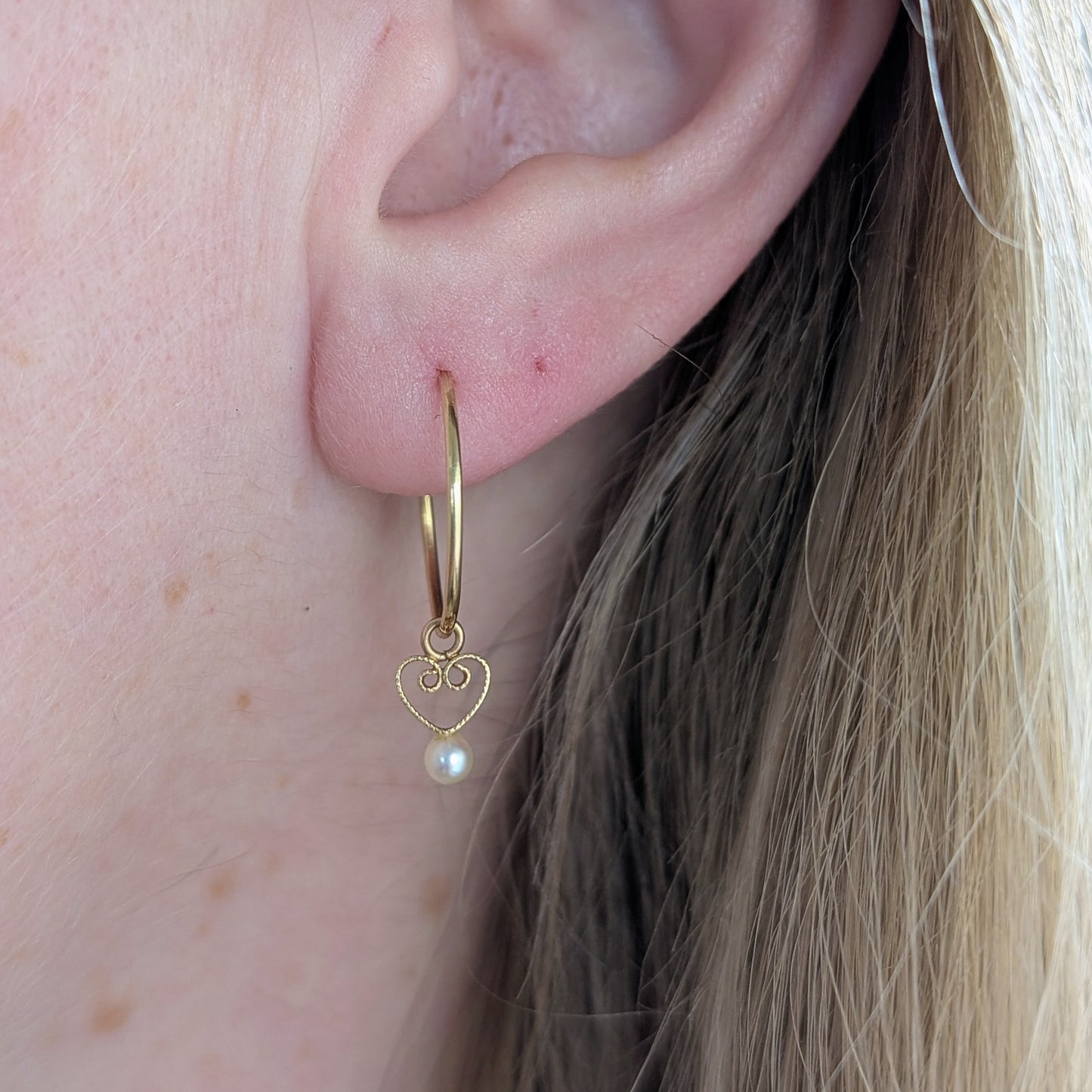Vintage 14k Yellow Gold Sleeper Hoops with Filigree Pearl Charm