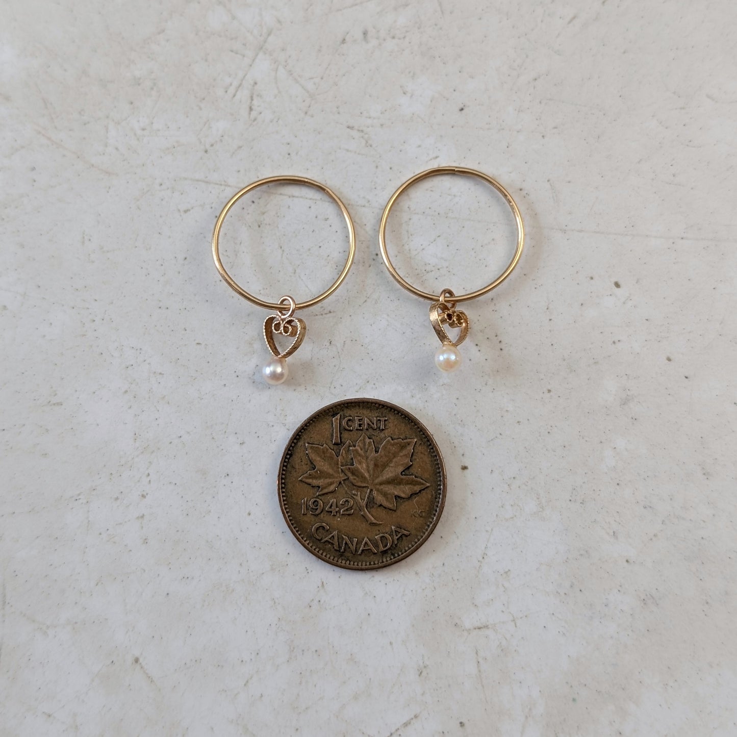 Vintage 14k Yellow Gold Sleeper Hoops with Filigree Pearl Charm