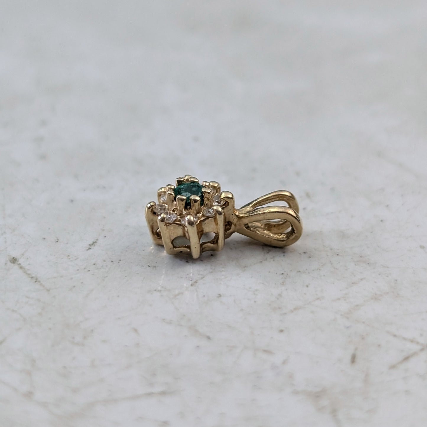 14k Yellow Gold Emerald and Diamond Cluster Flower Pendant