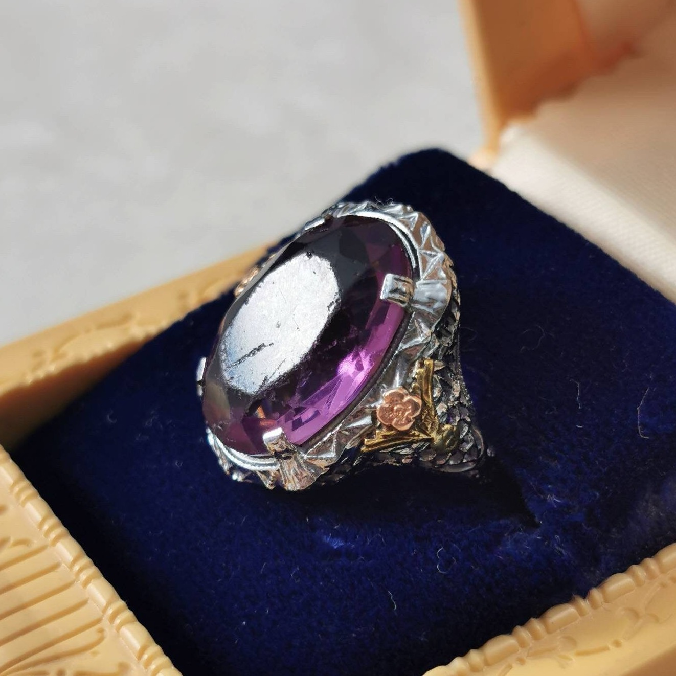 Art Deco 10k White Gold Filigree & Paste Amethyst Cocktail Ring
