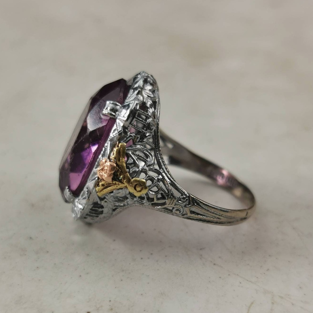 Art Deco 10k White Gold Filigree & Paste Amethyst Cocktail Ring