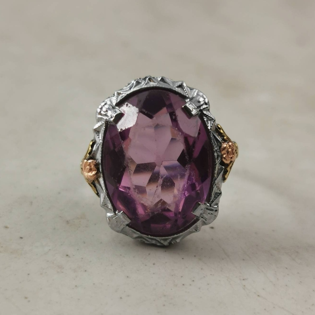 Art Deco 10k White Gold Filigree & Paste Amethyst Cocktail Ring