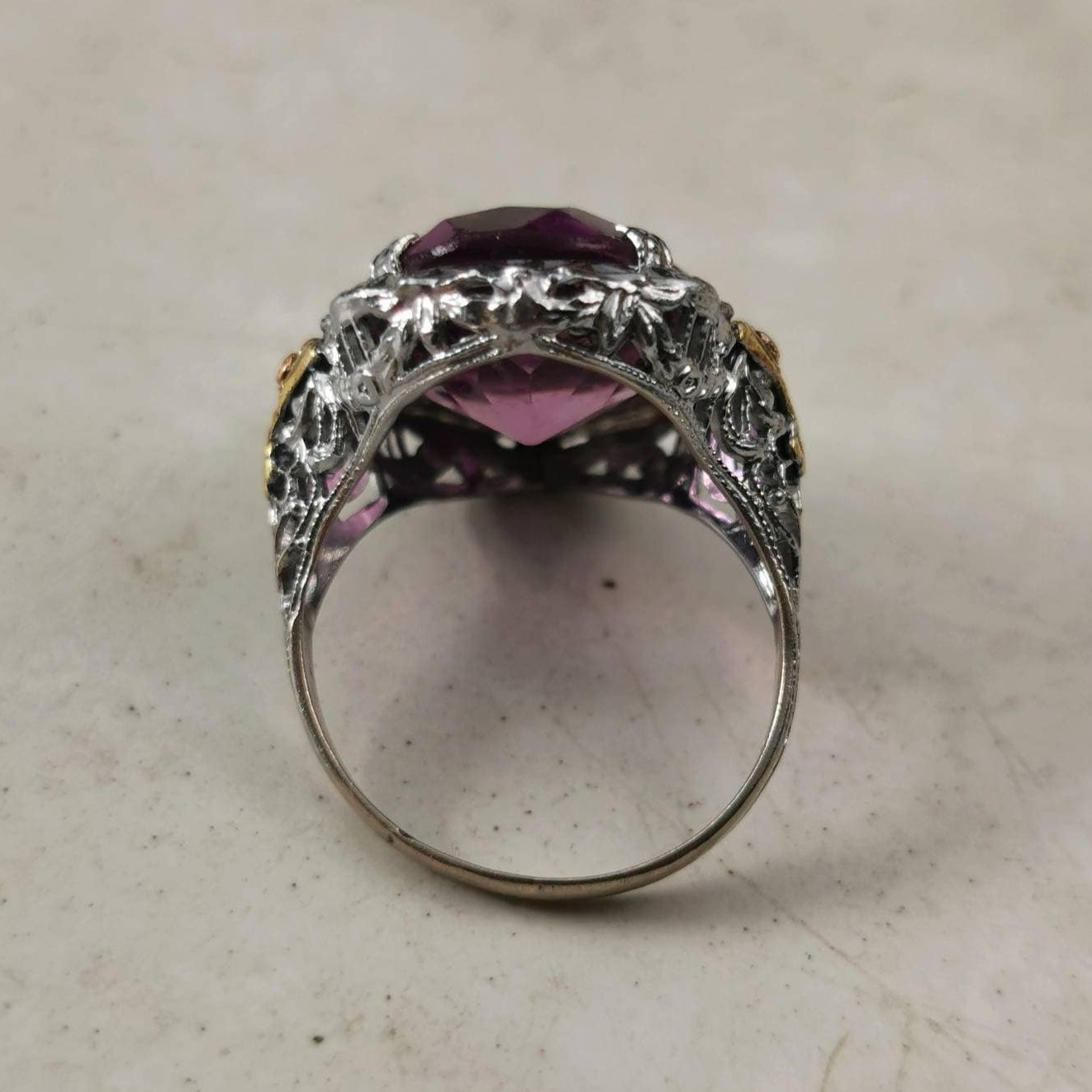 Art Deco 10k White Gold Filigree & Paste Amethyst Cocktail Ring