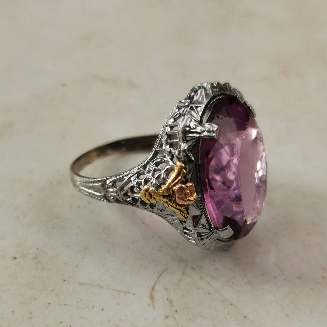 Art Deco 10k White Gold Filigree & Paste Amethyst Cocktail Ring