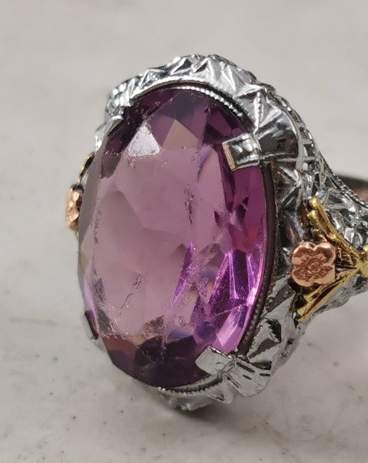 Art Deco 10k White Gold Filigree & Paste Amethyst Cocktail Ring