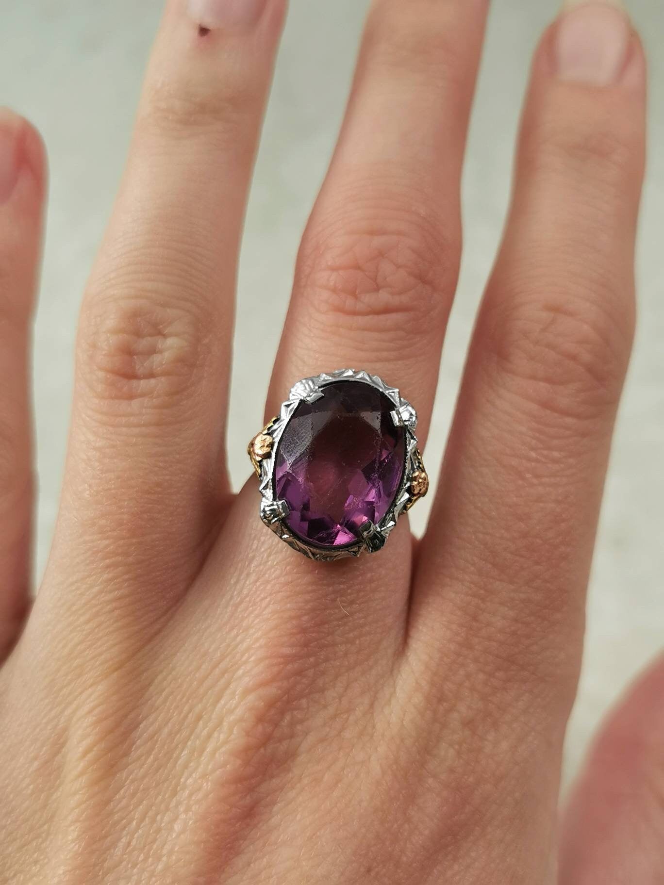 Art Deco 10k White Gold Filigree & Paste Amethyst Cocktail Ring