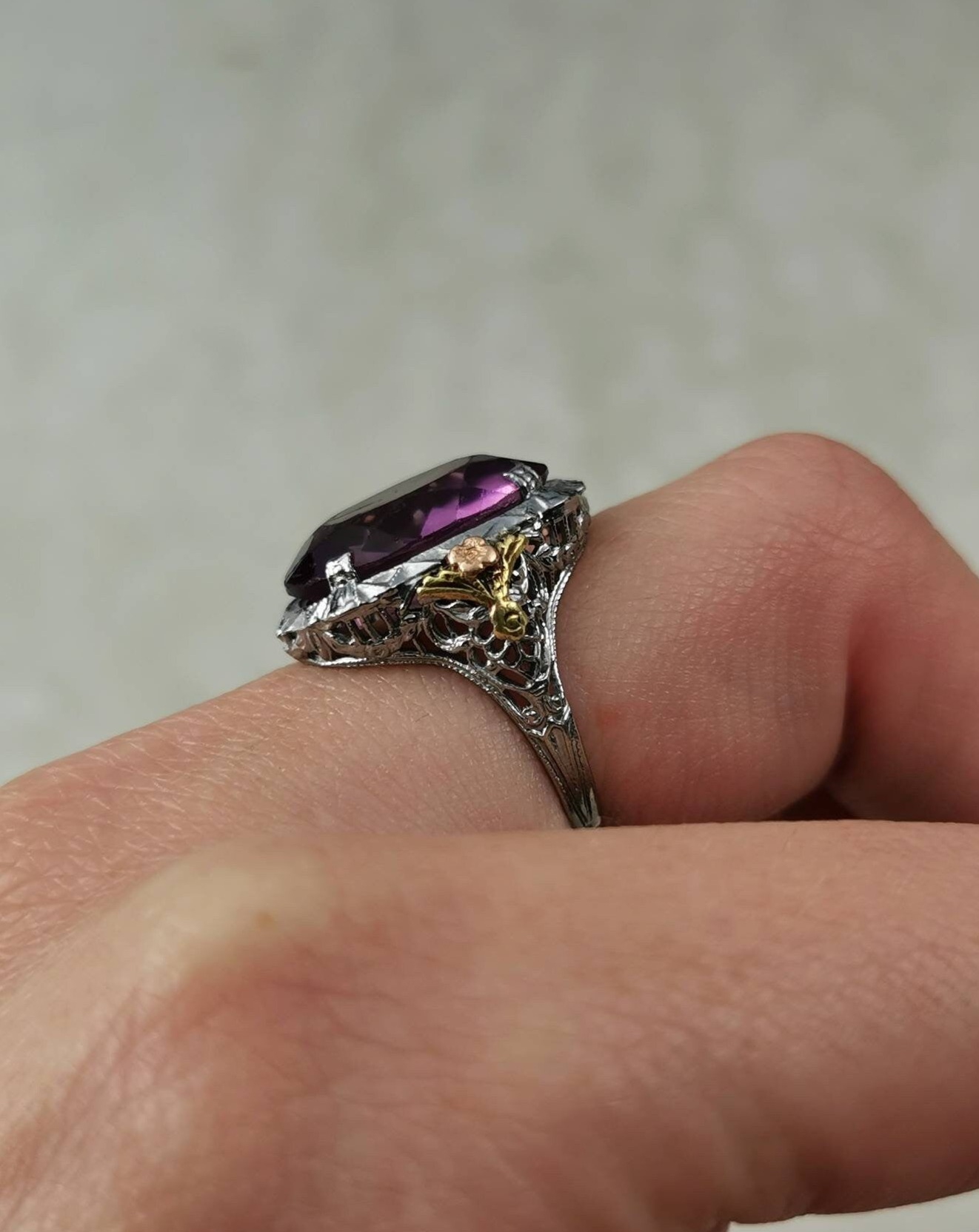 Art Deco 10k White Gold Filigree & Paste Amethyst Cocktail Ring
