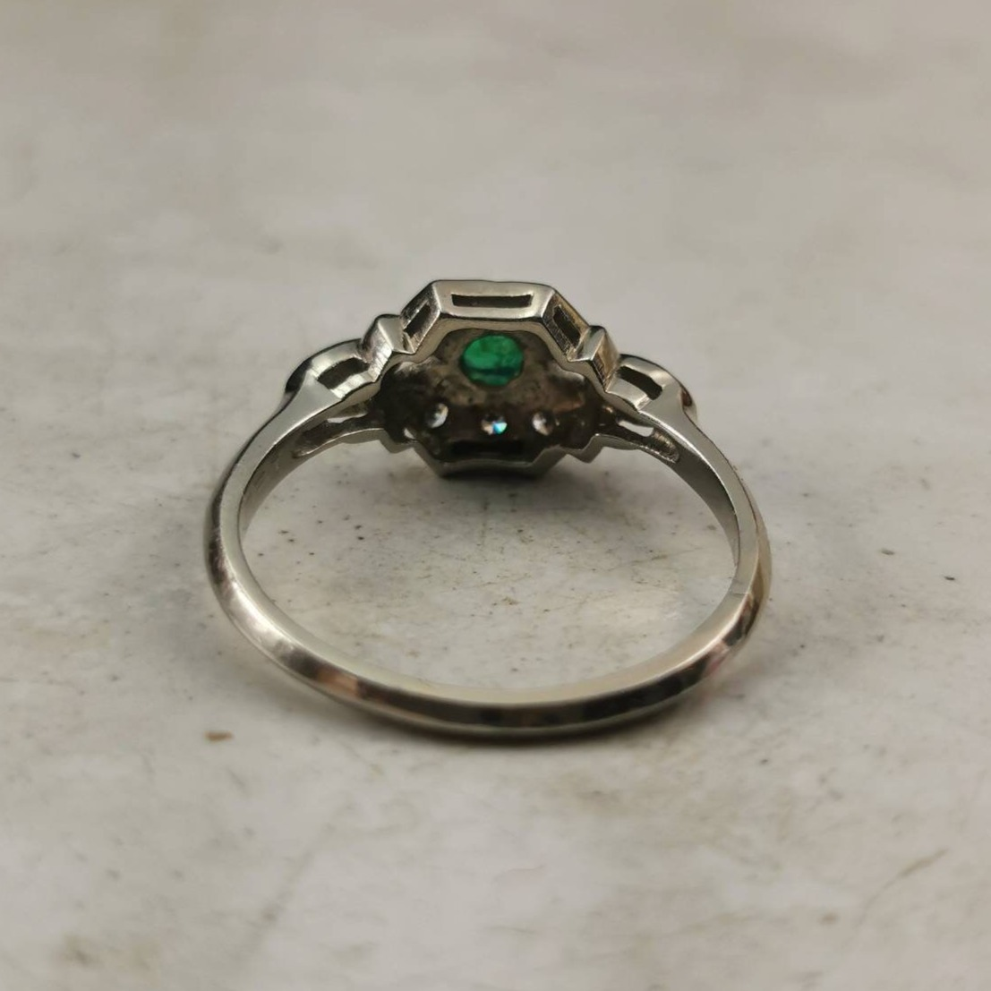 Estate 18k White Gold Emerald and Diamond Art Deco Style Ring