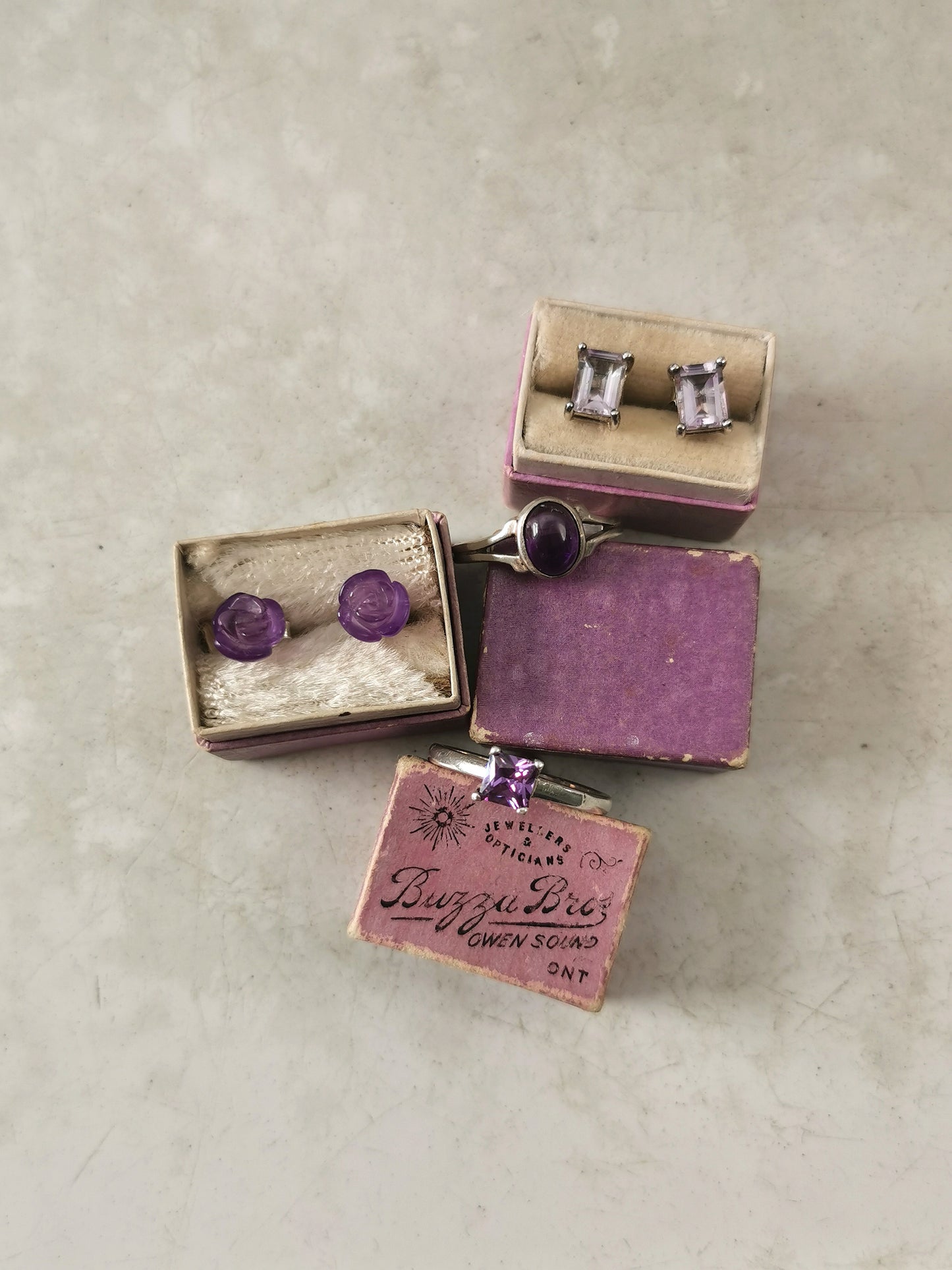 Estate Sterling Silver & Carved Amethyst Flower Stud Earrings