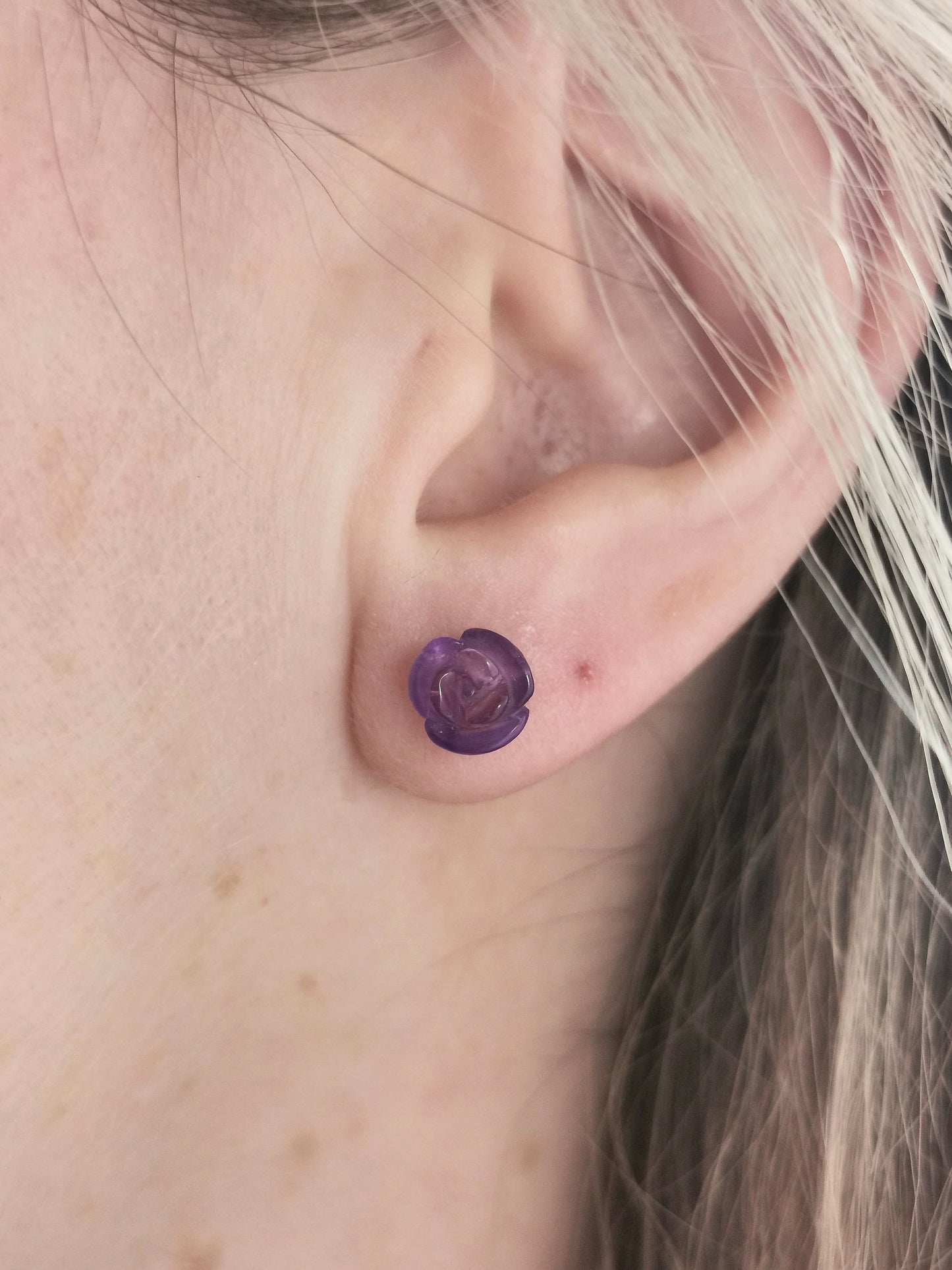 Estate Sterling Silver & Carved Amethyst Flower Stud Earrings