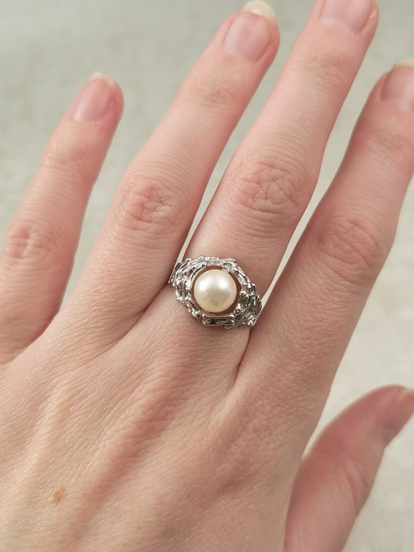 Vintage Mid-century Modern Sterling Silver Cultured Pearl Ring