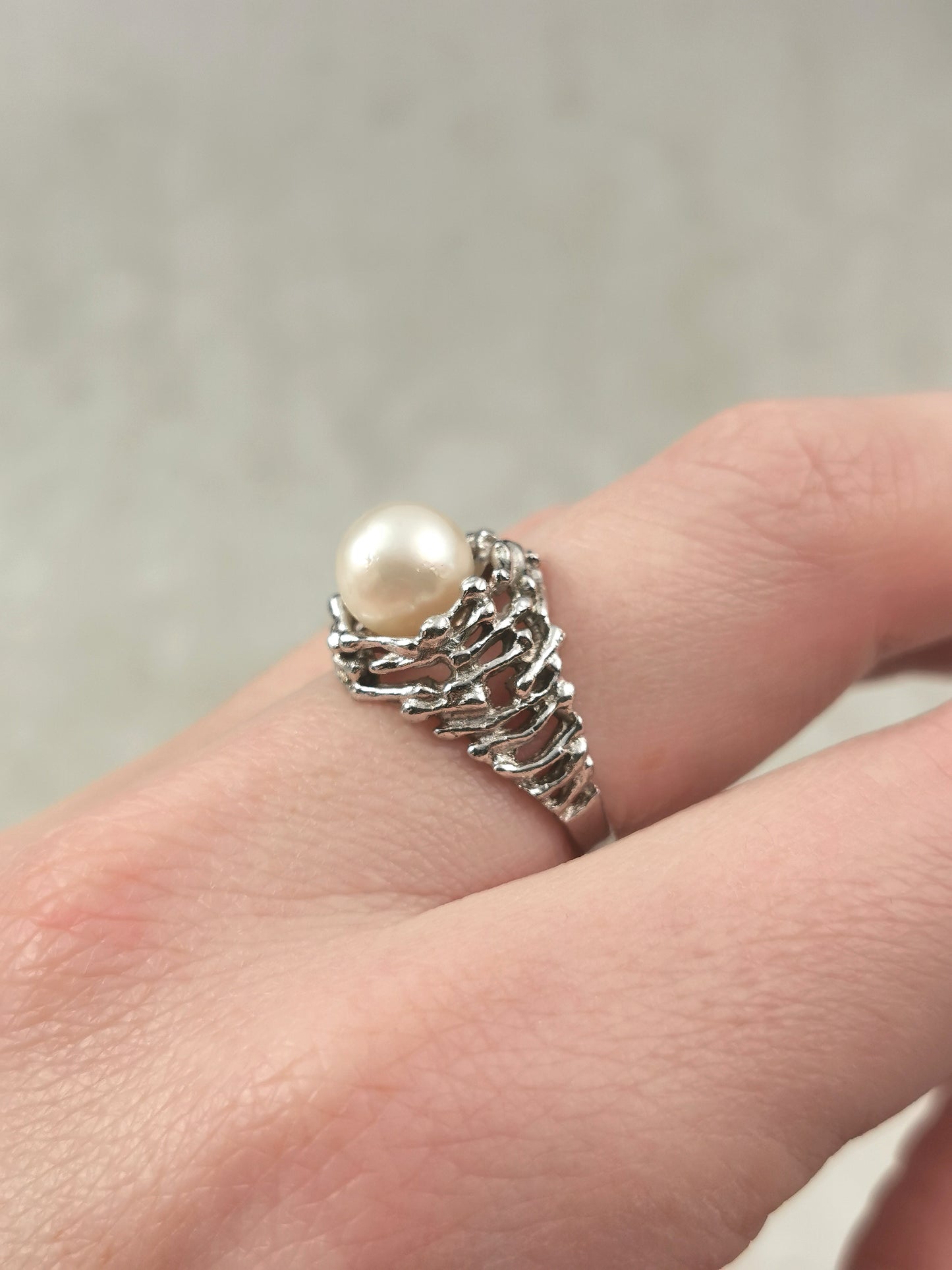 Vintage Mid-century Modern Sterling Silver Cultured Pearl Ring