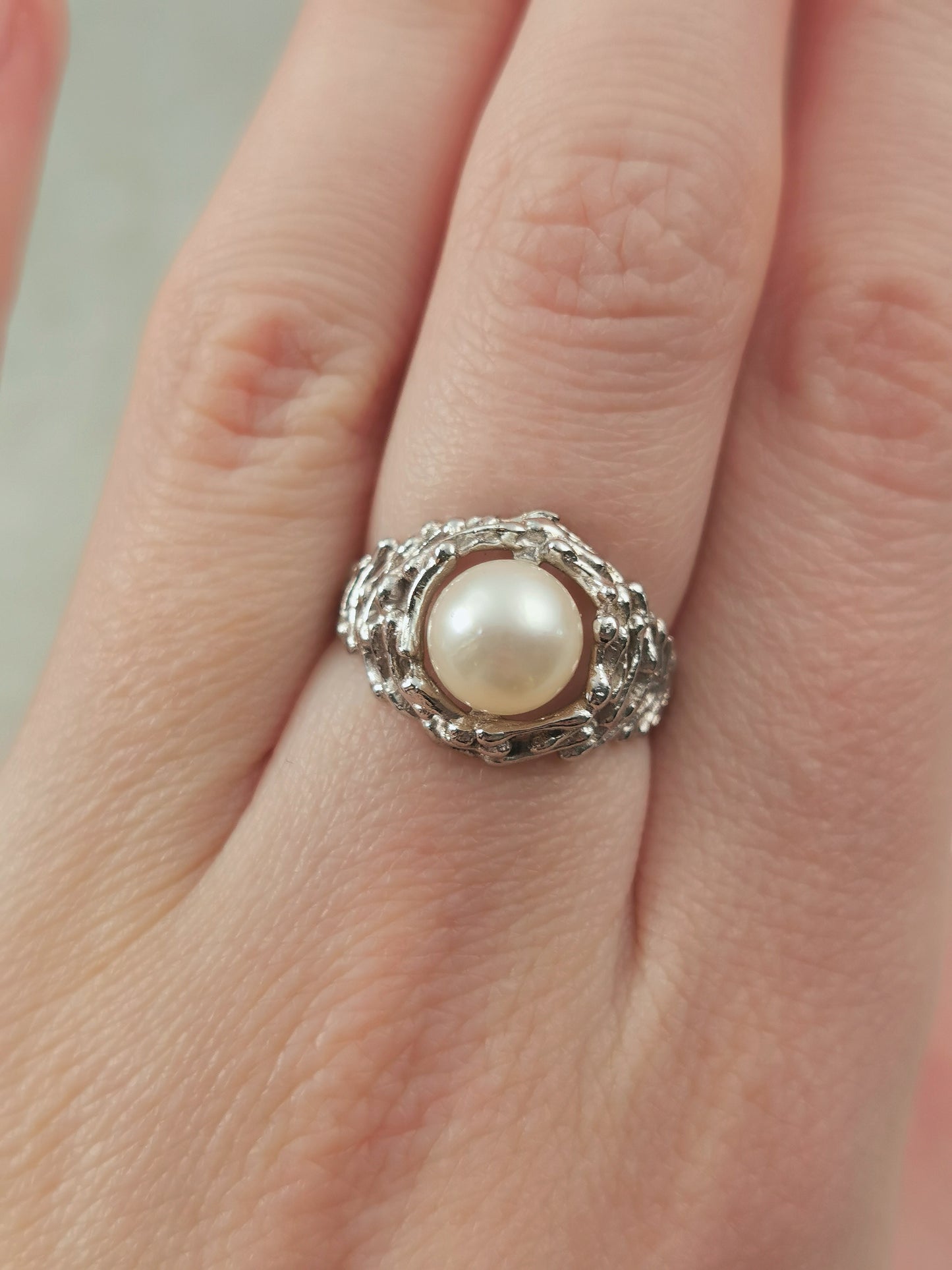 Vintage Mid-century Modern Sterling Silver Cultured Pearl Ring